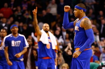 BOSTON, MA - JANUARY 24:  Carmelo Anthony #7 of the New York Knicks reacts after an 89-86 win against the Boston Celtics during the game on January 24, 2013 at TD Garden in Boston, Massachusetts. NOTE TO USER: User expressly acknowledges and agrees that, 