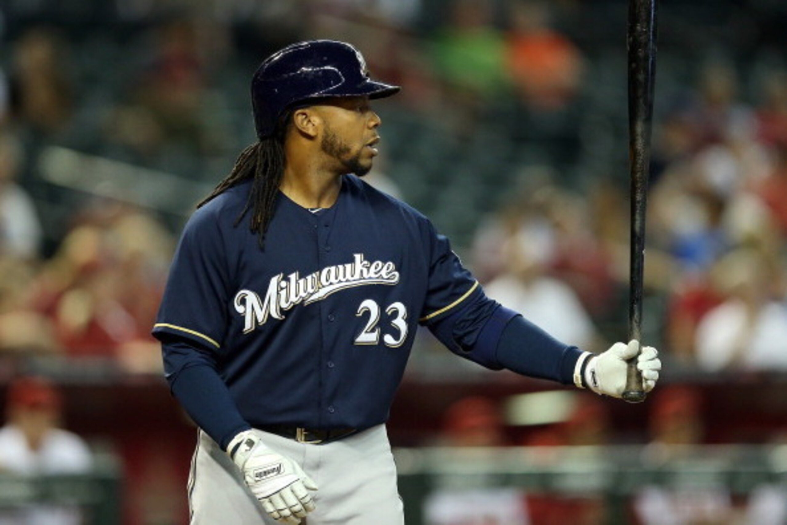 PHOENIX, AZ - JUNE 19:  Rickie Weeks #23 of the Milwaukee Brewers bats against the Arizona Diamondbacks during the MLB game at Chase Field on June 19, 2014 in Phoenix, Arizona.  The Brewers defeated the Diamondbacks 4-1.  (Photo by Christian Petersen/Gett