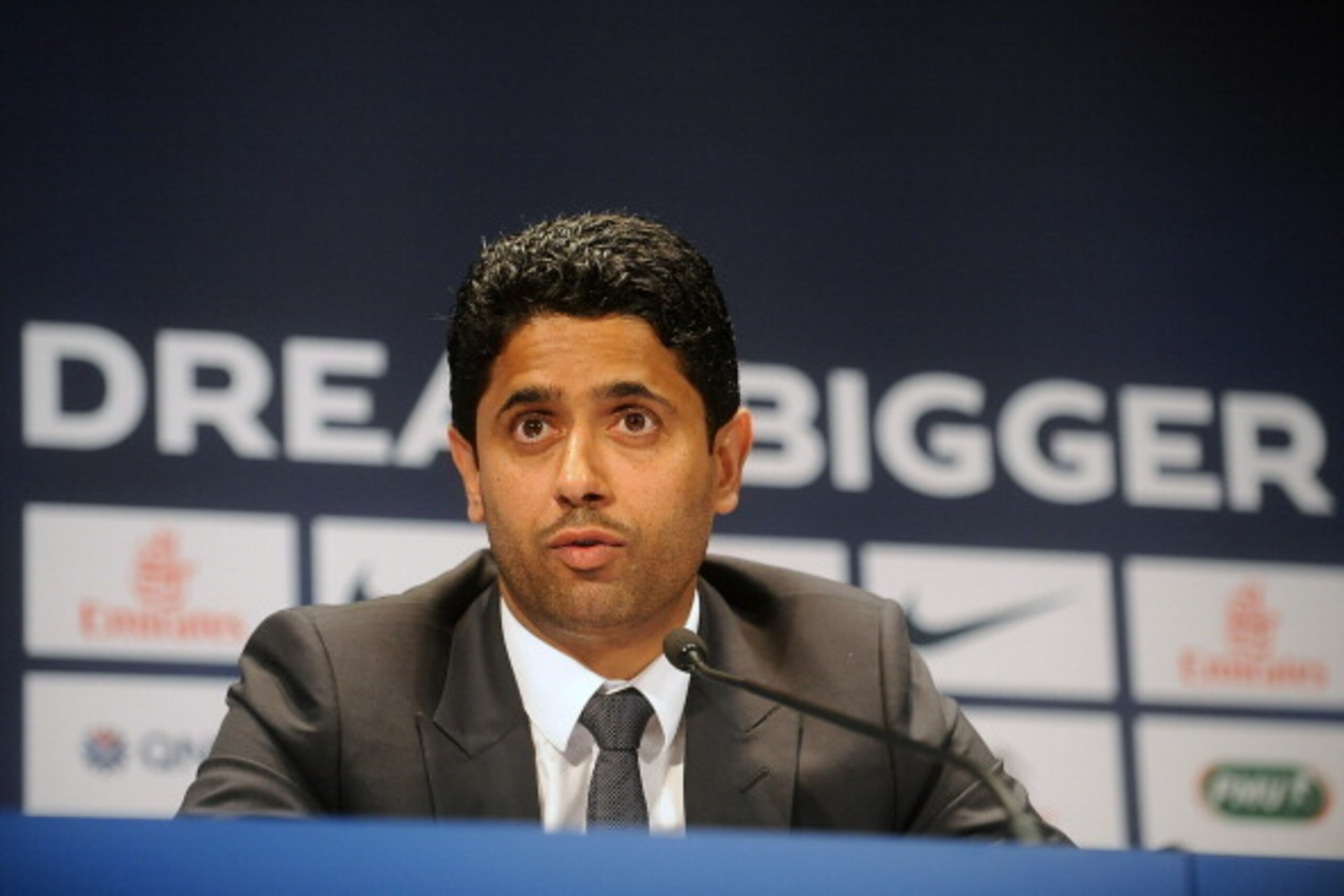 PARIS, FRANCE - JULY 16: Paris Saint-Germain's (PSG) chairman Nasser Al-Khelaifi speaks during a press conference on July 16, 2013 in Paris, France. Cavani's transfer to Paris Saint-Germain football club is reported to have cost in the region of £55m.  (P