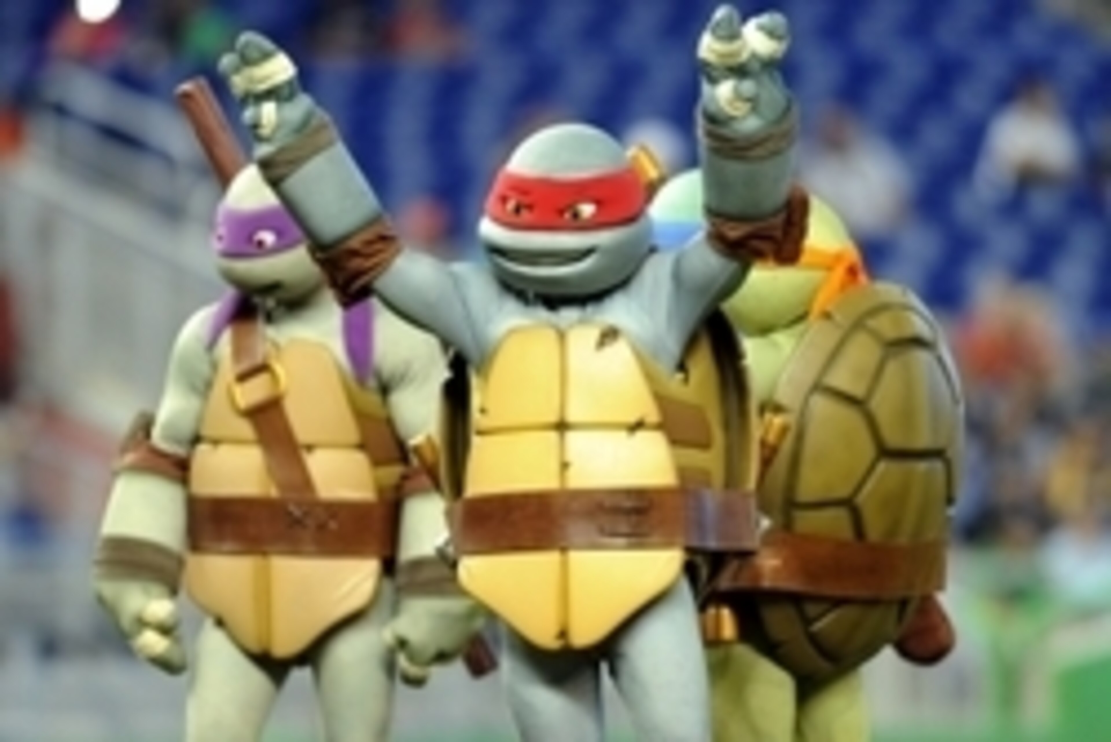 Sept 2, 2012; Miami, FL, USA; The Teenage Mutant Ninja Turtles gestures before a game between the New York Mets and the Miami Marlins at Marlins Park. Mandatory Credit: Steve Mitchell-USA TODAY Sports