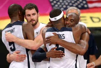 LONDON, ENGLAND - AUGUST 12:  Team mates Kevin Durant #5 of the United States, Kevin Love #11 of the United States, LeBron James #6 of the United States and Kobe Bryant #10 of the United States  celebrate winning the Men's Basketball gold medal game betwe