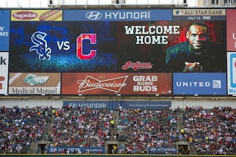 CLEVELAND, OH - JULY 11: The Cleveland Indians show their support for LeBron James with a welcome home message on the scoreboard during the third inning of the game between the Cleveland Indians and the Chicago White Sox at Progressive Field on July 11, 2