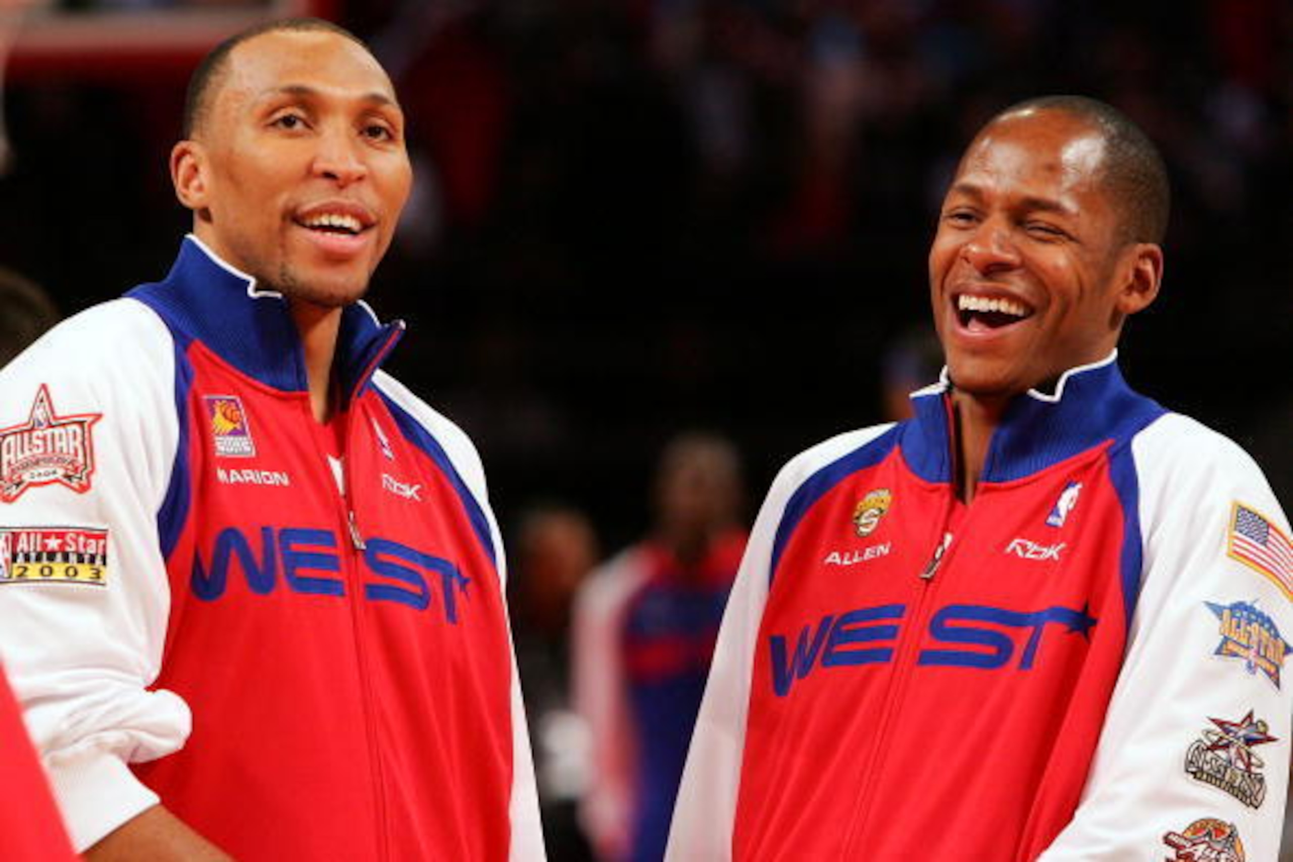 HOUSTON - FEBRUARY 18:  Shawn Marion #31 and Ray Allen #34 of the West Team laugh before the 2006 NBA All-Star Game during NBA All-Star Weekend at the Toyota Center on February 19, 2006 in Houston, Texas. The East defeated the West 122-120. NOTE TO USER: 