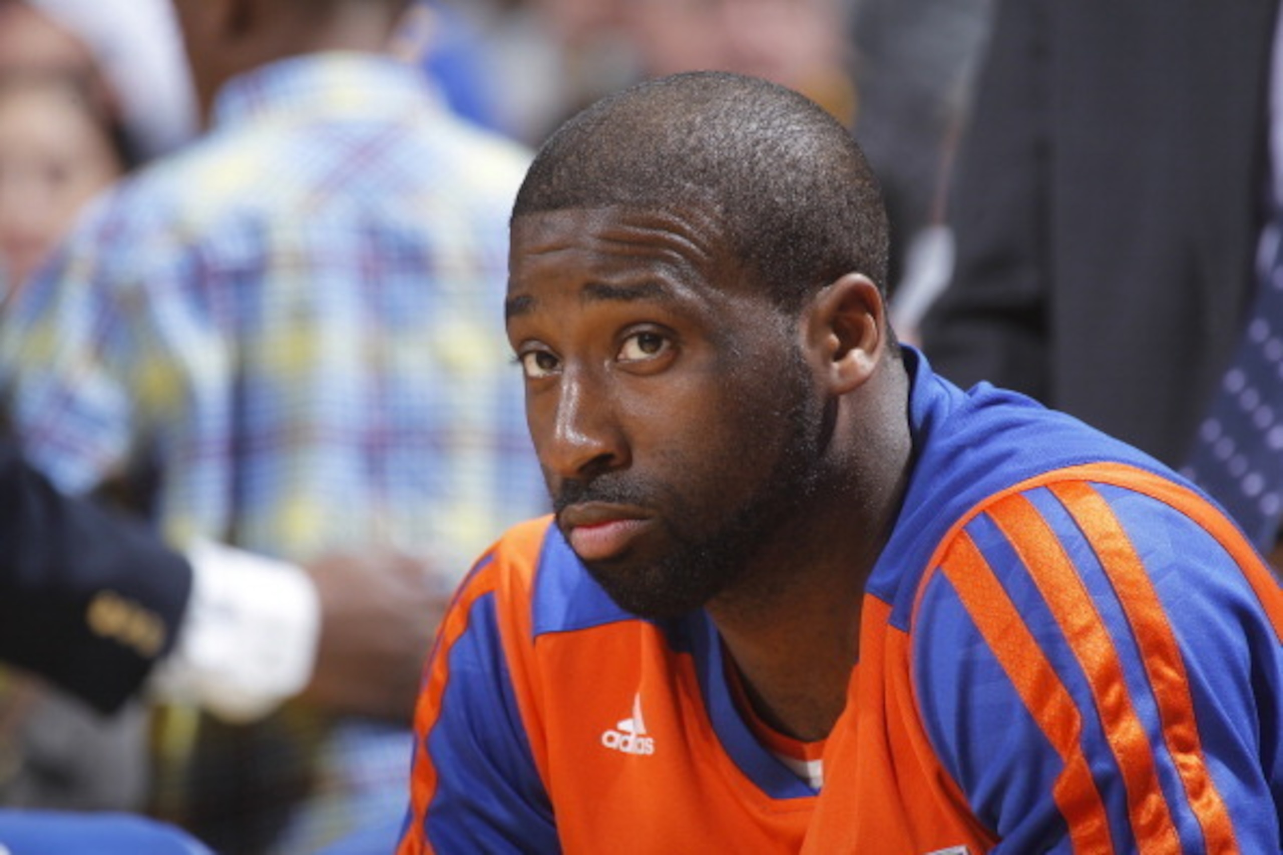 OAKLAND, CA - MARCH 30: Raymond Felton #2 of the New York Knicks rests on the bench during the game against the Golden State Warriors on March 30, 2014 at Oracle Arena in Oakland, California. NOTE TO USER: User expressly acknowledges and agrees that, by d
