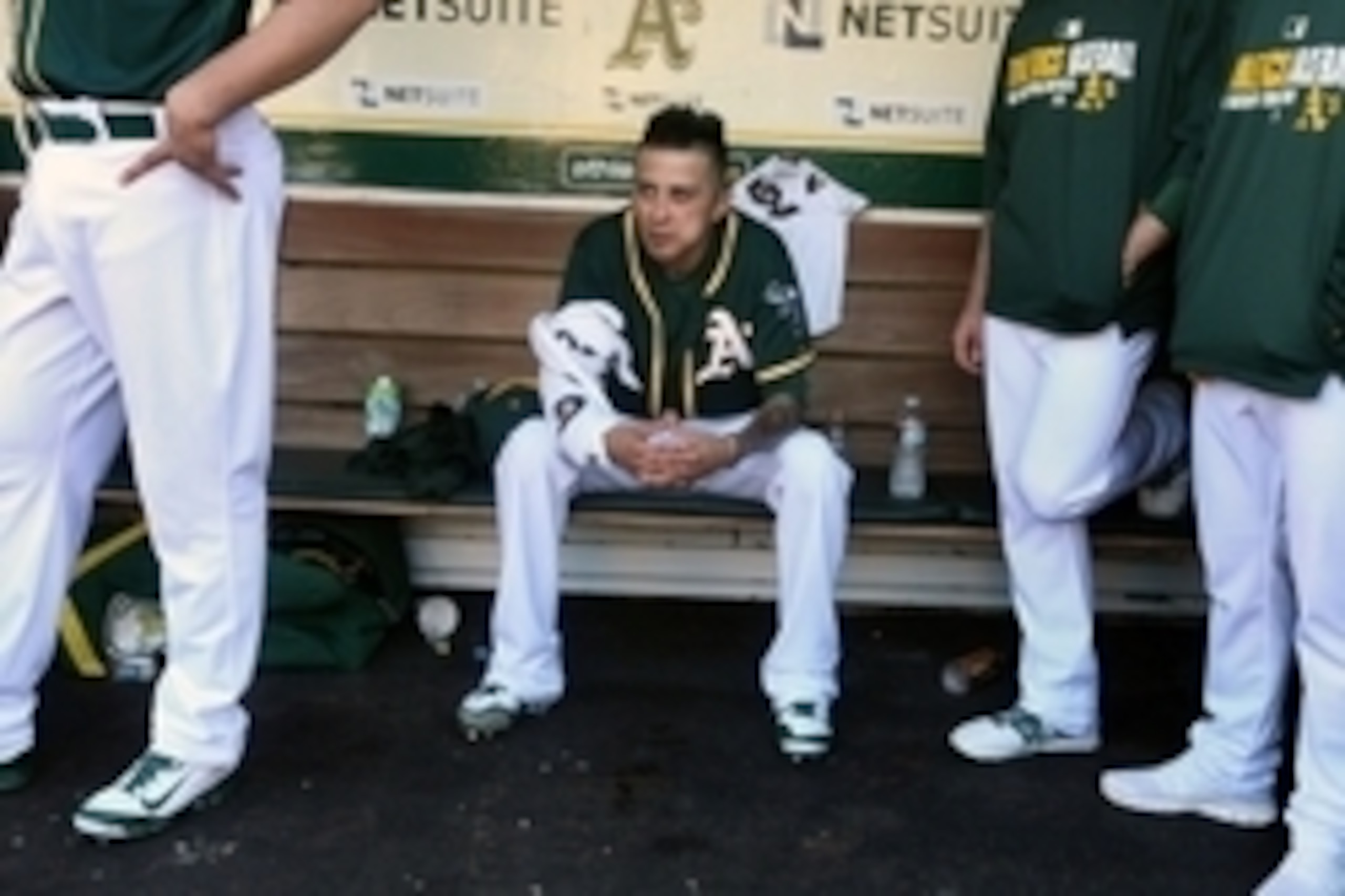 Jul 23, 2014; Oakland, CA, USA; Oakland Athletics starting pitcher Jesse Chavez (60) prepares to take the field against the Houston Astros at O.co Coliseum. Mandatory Credit: Lance Iversen-USA TODAY Sports
