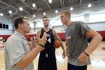 LAS VEGAS, NV - JULY 28:  Miles Plumlee and Mason Plumlee of the USA Men's National Team talk to the media during practice at the Mendenhall Center at the University of Nevada, Las Vegas on July 28, 2014 in Las Vegas, Nevada. NOTE TO USER: User expressly 