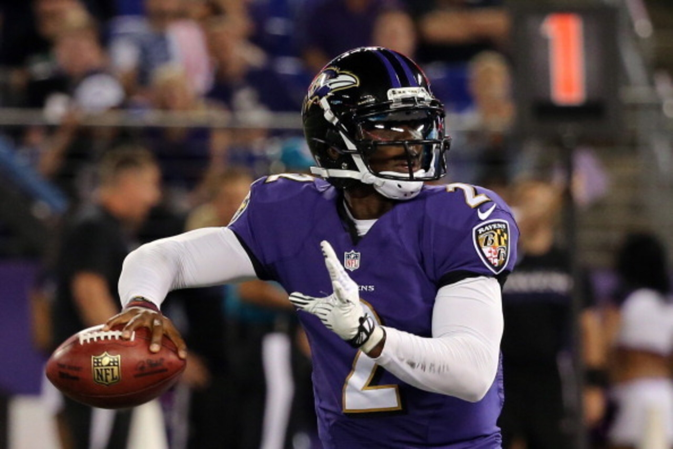 BALTIMORE, MD - AUGUST 15:  Quarterback Tyrod Taylor #2 of the Baltimore Ravens drops back to pass against the Atlanta Falcons during a preseason game at M&T Bank Stadium on August 15, 2013 in Baltimore, Maryland.  (Photo by Rob Carr/Getty Images)