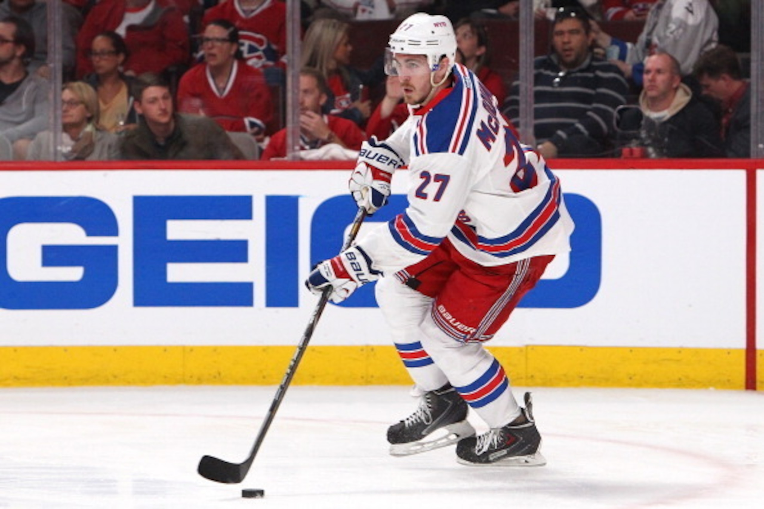 MONTREAL, QC - MAY 19: Ryan McDonagh #27 of the New York Rangers skates with the puck against the Montreal Canadiens in Game Two of the Eastern Conference Finals of the 2014 NHL Stanley Cup Playoffs at the Bell Centre on May 19, 2014 in Montreal, Canada. 
