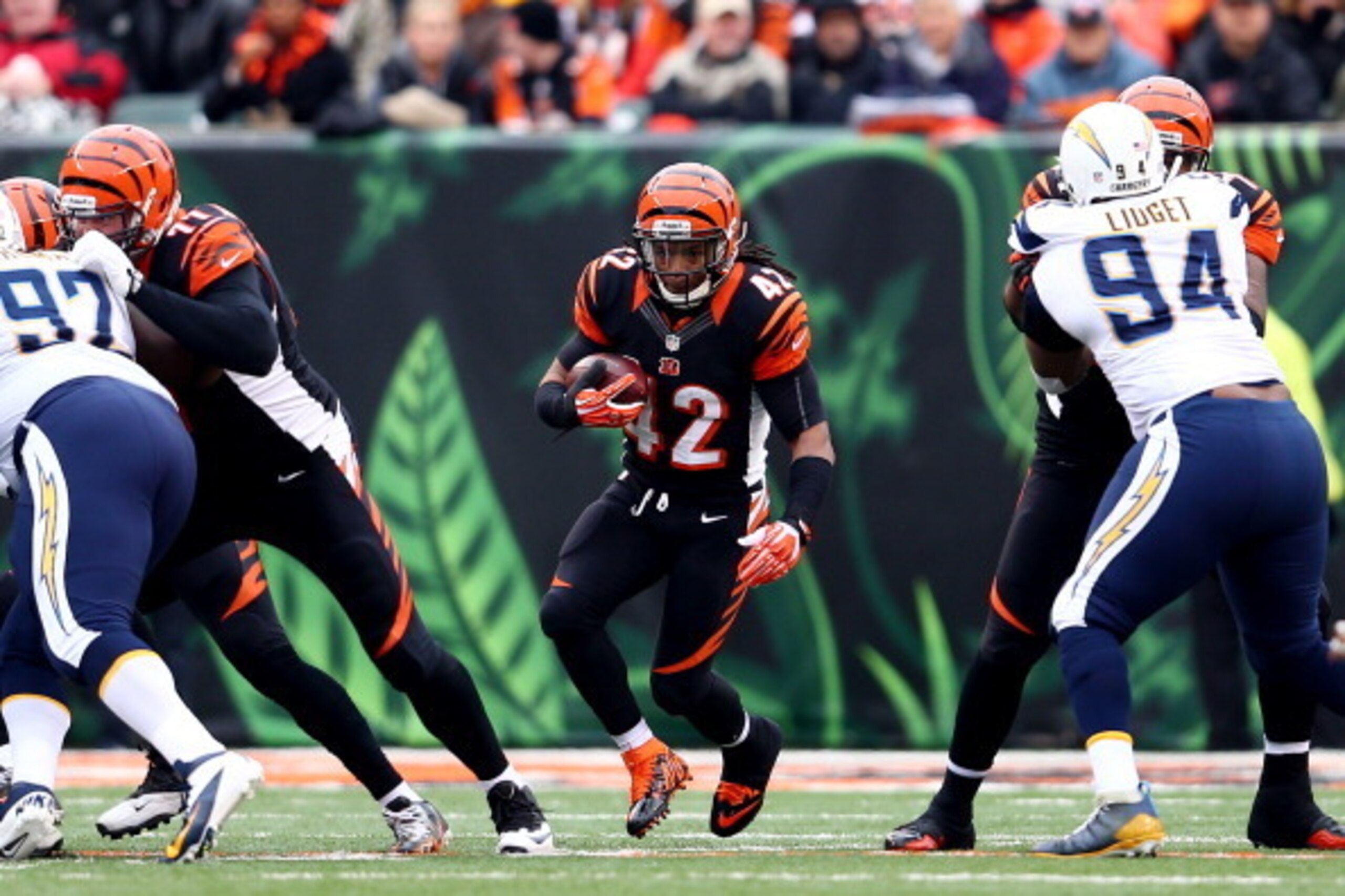 CINCINNATI, OH - JANUARY 05: Running back BenJarvus Green-Ellis #42 of the Cincinnati Bengals carries the ball against the San Diego Chargers during a Wild Card Playoff game at Paul Brown Stadium on January 5, 2014 in Cincinnati, Ohio.  (Photo by Andy Lyo