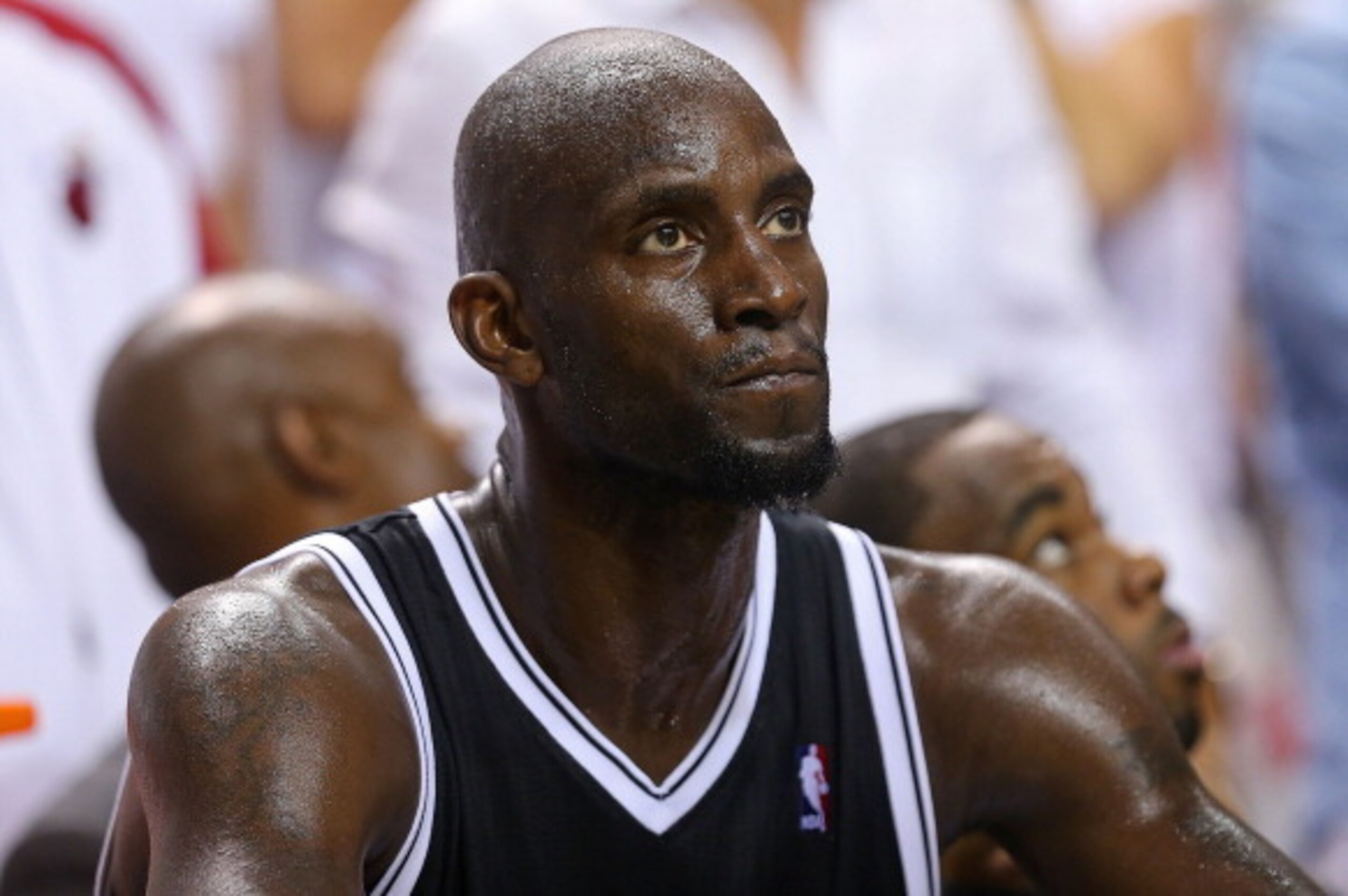 MIAMI, FL - MAY 14: Kevin Garnett #2 of the Brooklyn Nets looks on during Game Five of the Eastern Conference Semifinals of the 2014 NBA Playoffs against the Miami Heat at American Airlines Arena on May 14, 2014 in Miami, Florida. NOTE TO USER: User expr MIAMI, FL - MAY 14: Kevin Garnett #2 of the Brooklyn Nets looks on during Game Five of the Eastern Conference Semifinals of the 2014 NBA Playoffs against the Miami Heat at American Airlines Arena on May 14, 2014 in Miami, Florida. NOTE TO USER: User expr