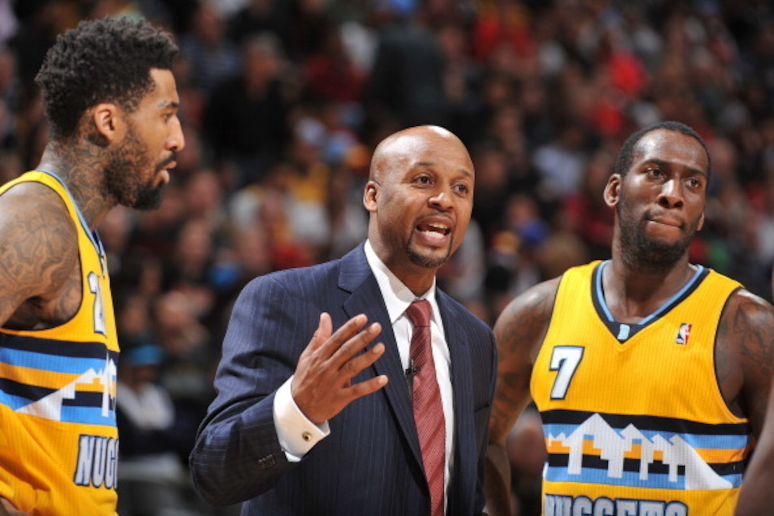 DENVER, CO - NOVEMBER 21:  Wilson Chandler #21, Brian Shaw and J.J. Hickson #7 of the Denver Nuggets talk during the game against the Chicago Bulls on November 21, 2013 at the Pepsi Center in Denver, Colorado. NOTE TO USER: User expressly acknowledges and