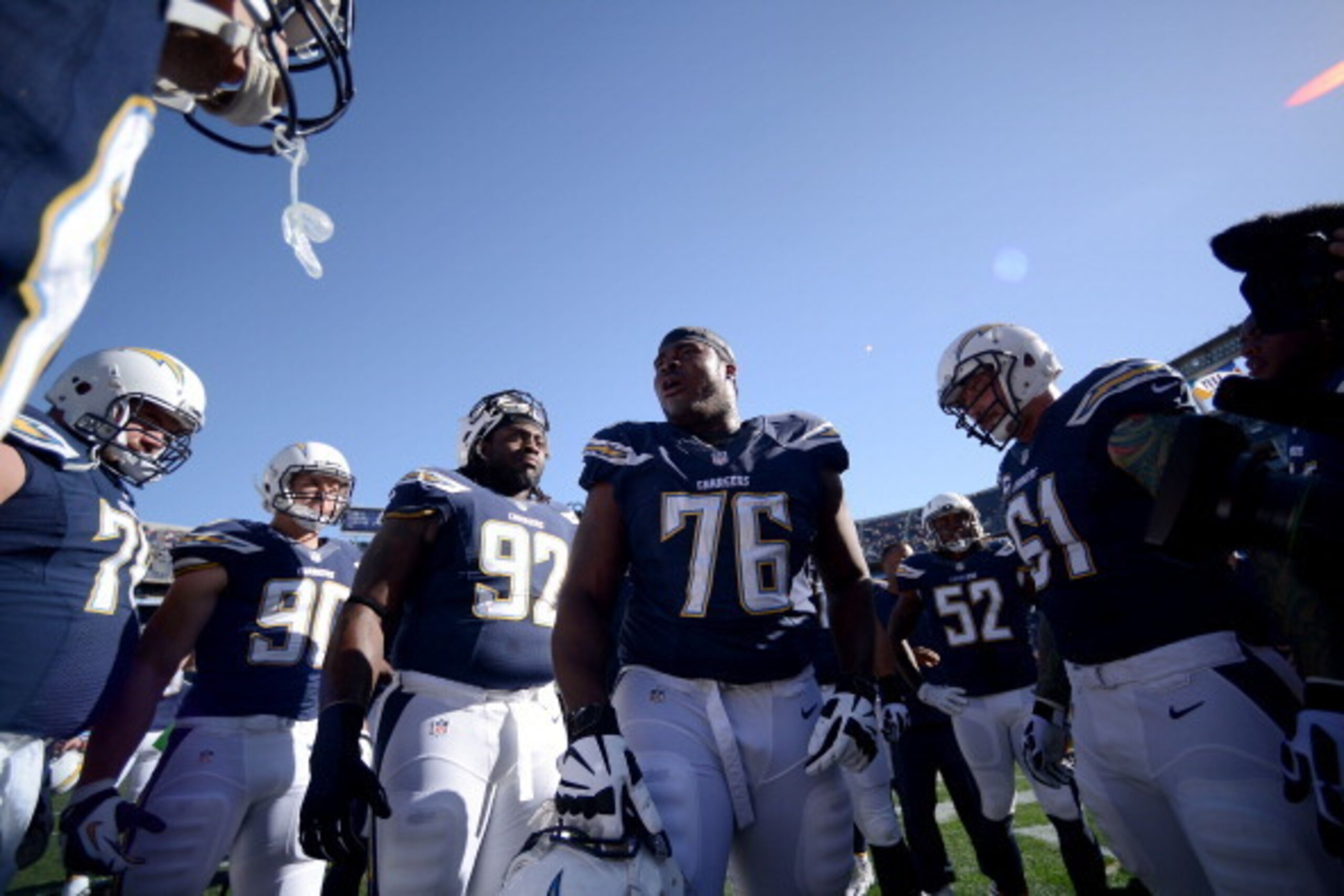 SAN DIEGO, CA - DECEMBER 29:  D.J. Fluker #76 of the San Diego Chargers pumps up his team in the huddle before the game against the Kansas City Chiefs on December 29, 2013 at Qualcomm Stadium in San Diego, California. (Photo by Donald Miralle/Getty Images