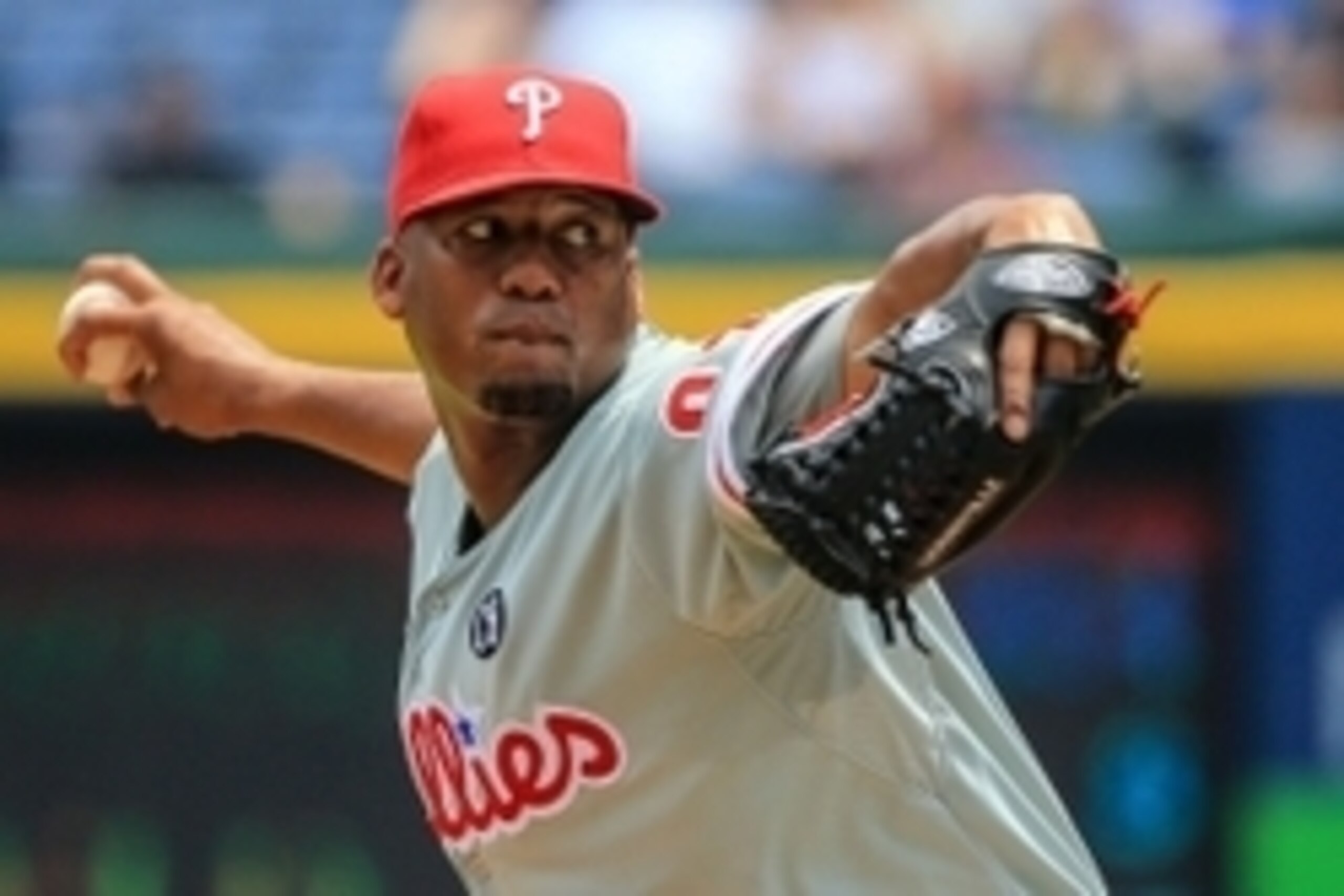 Jun 18, 2014; Atlanta, GA, USA; Philadelphia Phillies starting pitcher Roberto Hernandez (27) pitches in the first inning against the Atlanta Braves at Turner Field. Mandatory Credit: Daniel Shirey-USA TODAY Sports