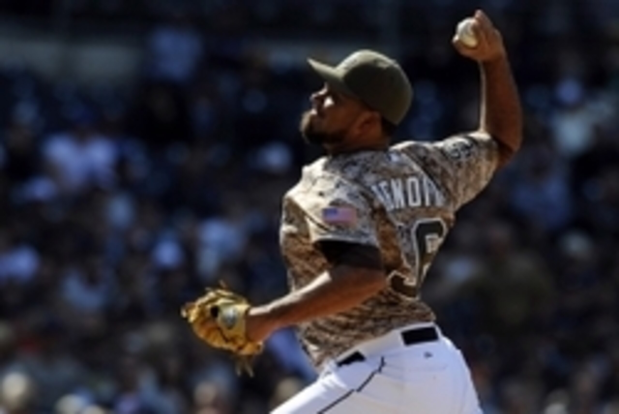 Apr 13, 2014; San Diego, CA, USA; San Diego Padres relief pitcher Joaquin Benoit (56) throws during the eighth inning against the Detroit Tigers at Petco Park. Mandatory Credit: Christopher Hanewinckel-USA TODAY Sports