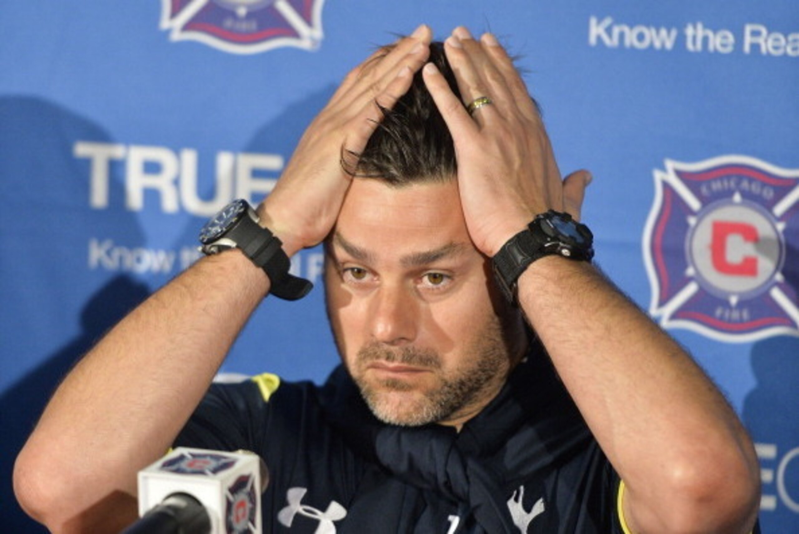 BRIDGEVIEW, IL - JULY 26:  Manager Mauricio Pochettino of Tottenham Hotspur listens to questions during the news conference after the game against the Chicago Fire at Toyota Park on July 26, 2014 in Bridgeview, Illinois. Tottenham Hotspur defeated the Fir