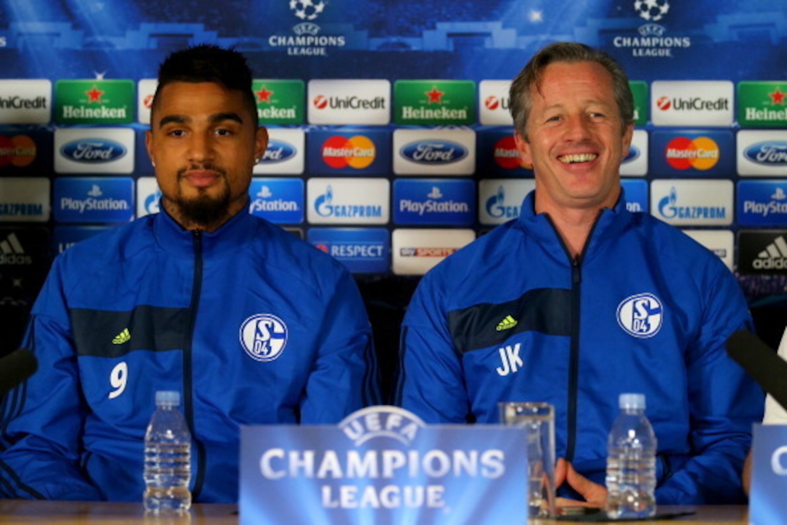 LONDON, ENGLAND - NOVEMBER 05:  Kevin-Prince Boateng and Jens Keller of FC Schalke talks to the media during a press conference on November 5, 2013 in London, England.  (Photo by Clive Rose/Getty Images)