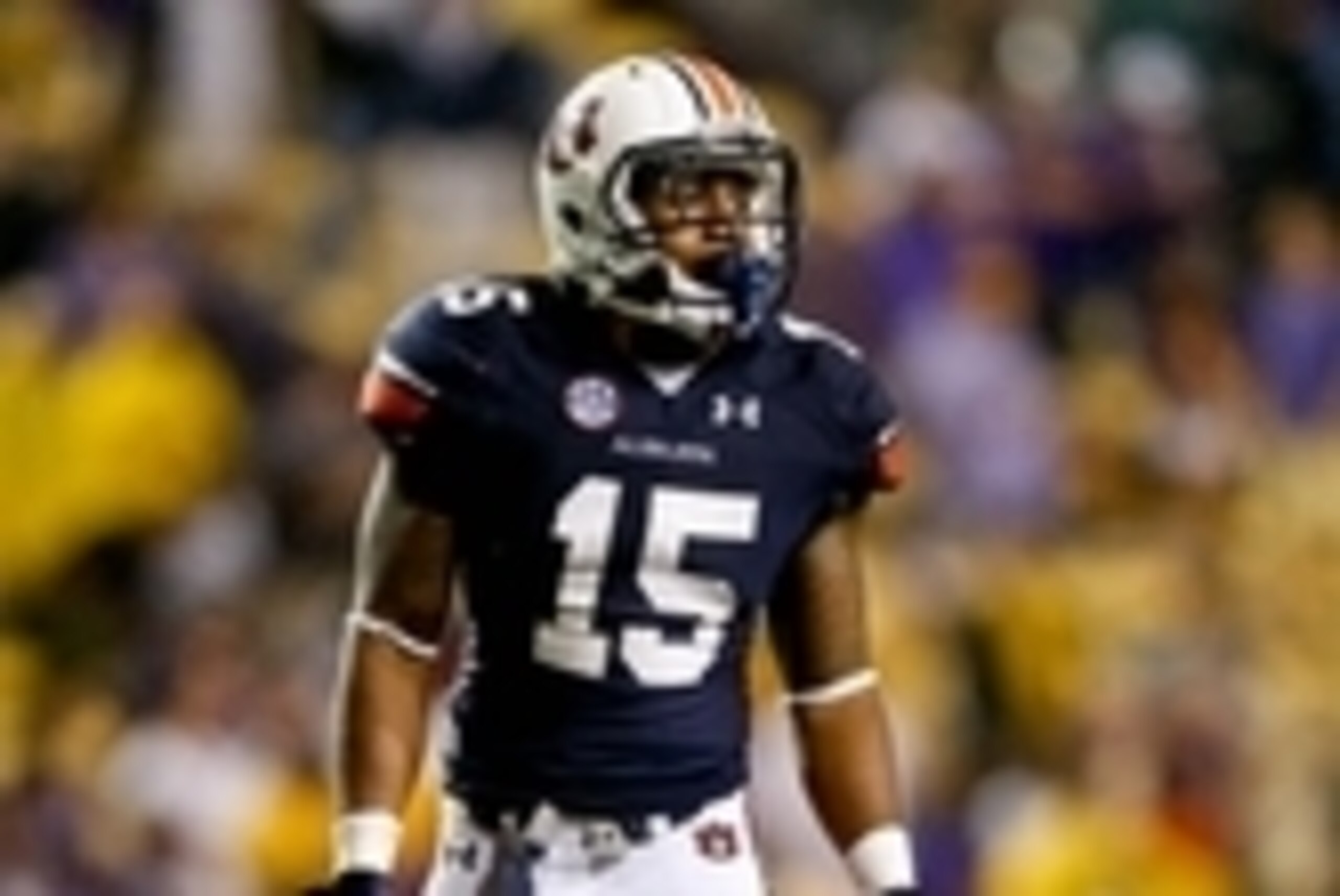 Sep 21, 2013; Baton Rouge, LA, USA; Auburn Tigers defensive back Joshua Holsey (15) against the LSU Tigers during the second half of a game at Tiger Stadium. LSU defeated Auburn 35-21. Mandatory Credit: Derick E. Hingle-USA TODAY Sports