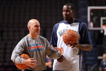 MANCHESTER, ENGLAND - OCTOBER 7:  Kendrick Perkins #5 of the Oklahoma City Thunder talks with assistant coach Rex Kalamian before their team practices for their game against the Philadelphia 76ers as part of the NBA Global Games on October 7, 2013 at the 