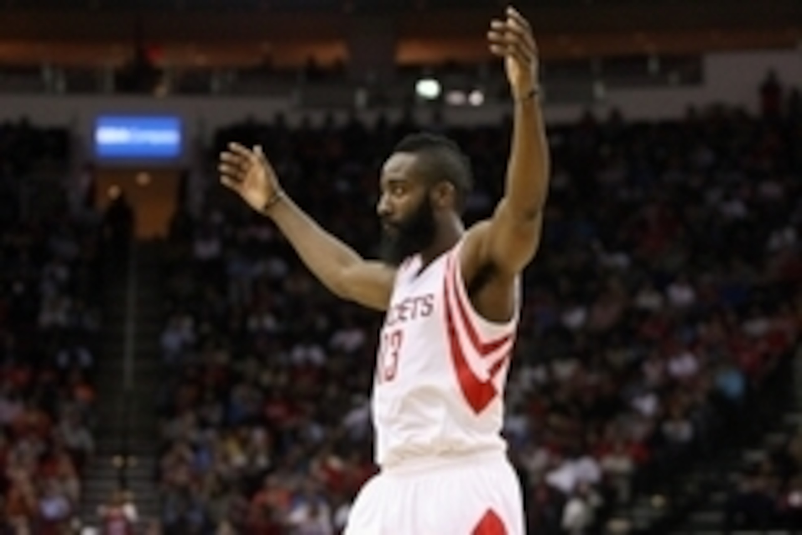 November 23, 2012; Houston, TX, USA; Houston Rockets shooting guard James Harden (13) gestures to the crowd during the third quarter against the New York Knicks at Toyota Center. Mandatory Credit: Troy Taormina-USA TODAY Sports November 23, 2012; Houston, TX, USA; Houston Rockets shooting guard James Harden (13) gestures to the crowd during the third quarter against the New York Knicks at Toyota Center. Mandatory Credit: Troy Taormina-USA TODAY Sports