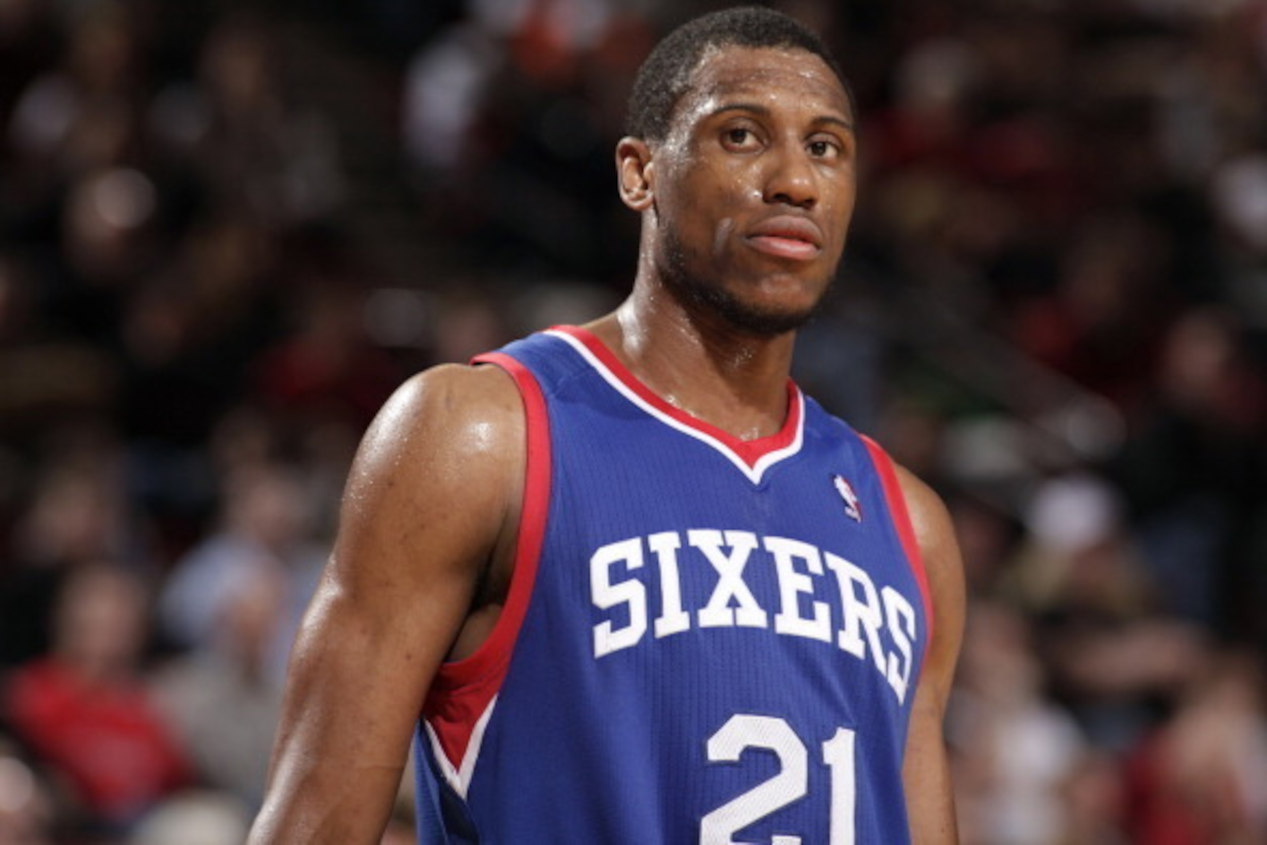 PORTLAND, OR - JANUARY 4:  Thaddeus Young #21 of the Philadelphia 76ers stands on the court against the Portland Trail Blazers on January 4, 2014 at the Moda Center Arena in Portland, Oregon. NOTE TO USER: User expressly acknowledges and agrees that, by d