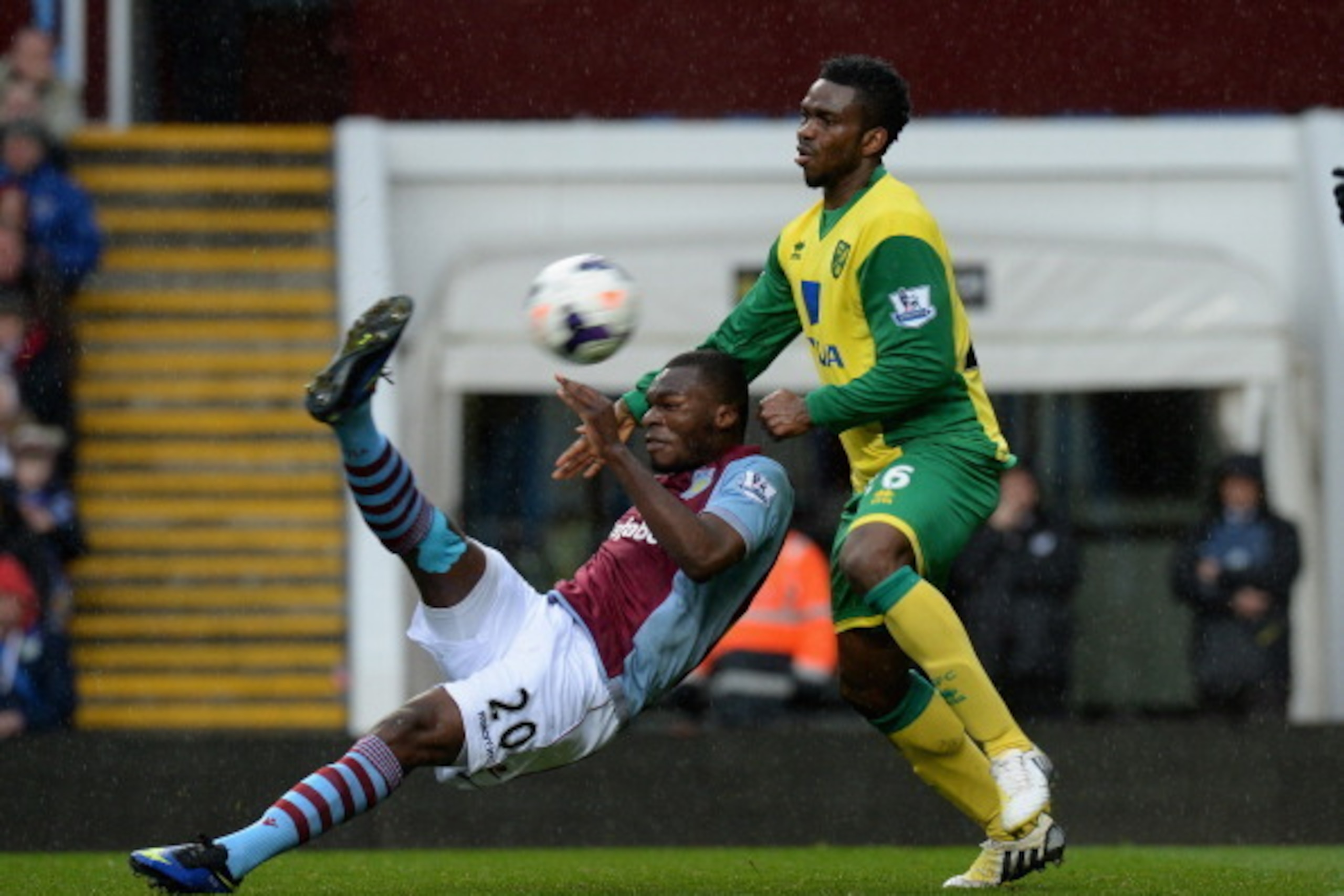 BIRMINGHAM, ENGLAND - MARCH 02:  Christian Benteke of Aston Villa scores his team's first goal during the Barclays Premier League match between Aston Villa and Norwich City at Villa Park on March 2, 2014 in Birmingham, England.  (Photo by Tony Marshall/Ge