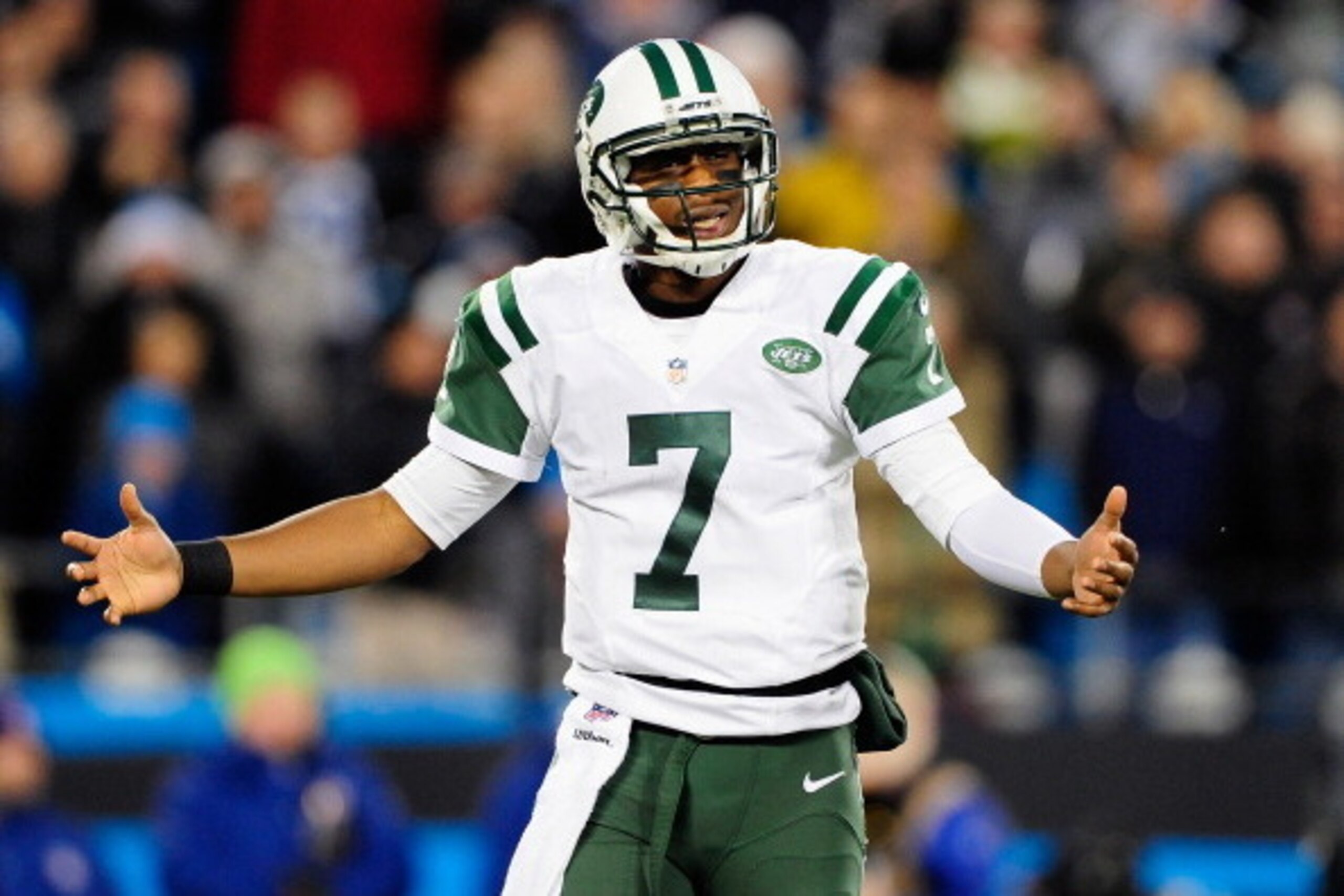 CHARLOTTE, NC - DECEMBER 15:  Geno Smith #7 of the New York Jets reacts after being called for a delay of game penalty during a loss to the Carolina Panthers at Bank of America Stadium on December 15, 2013 in Charlotte, North Carolina. The Panthers won 30