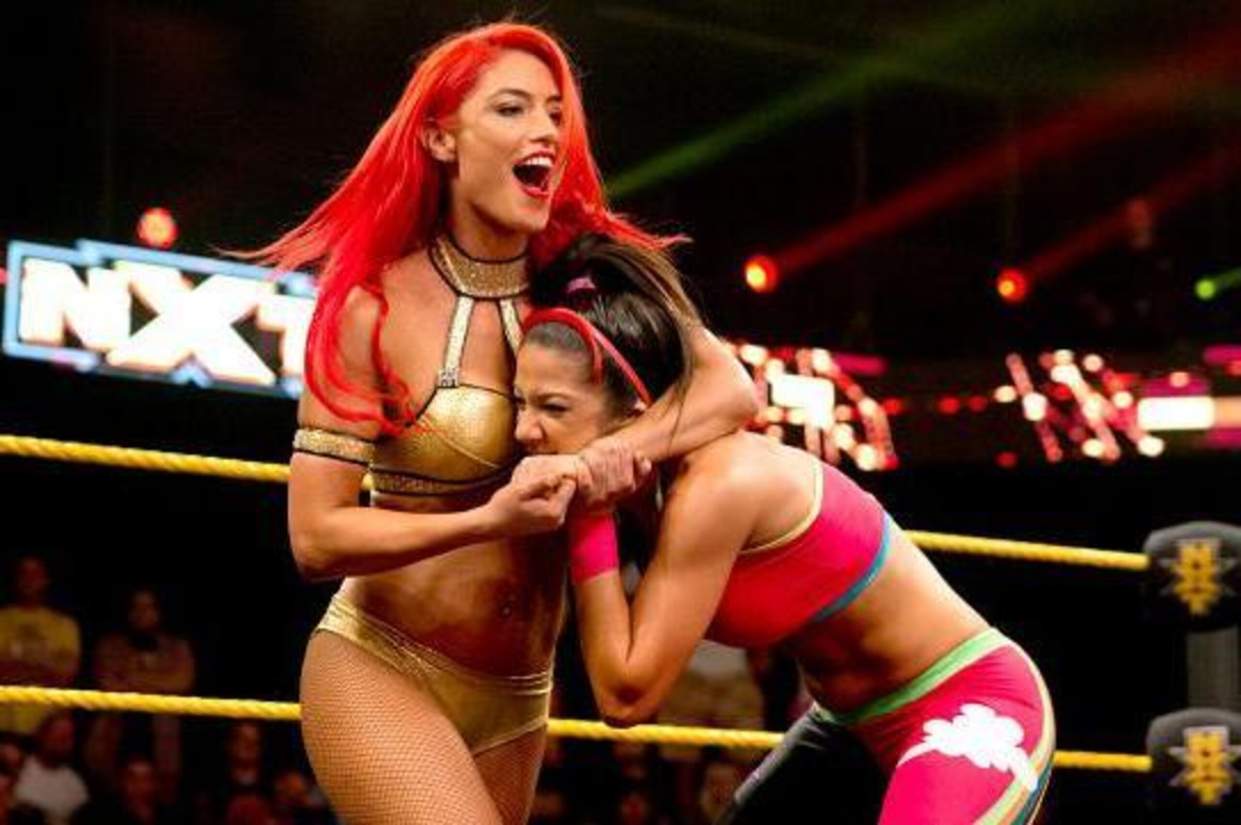 Eva Marie puts Bayley in a headlock.