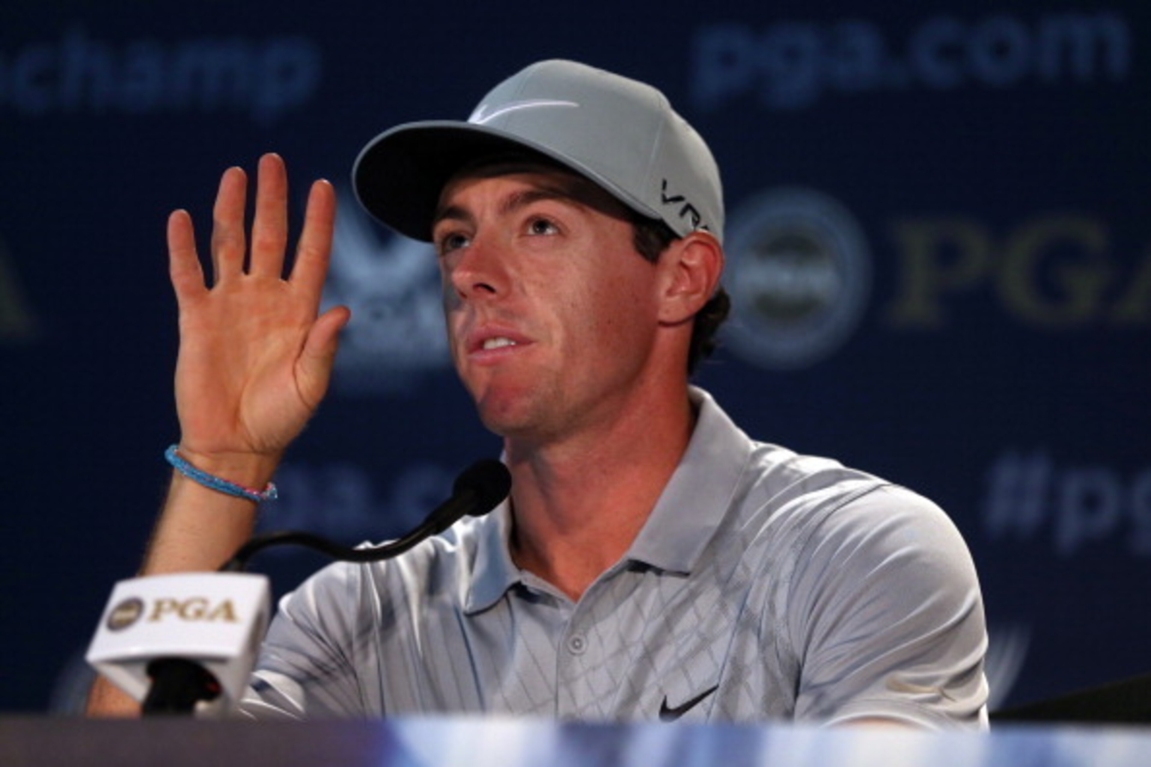 LOUISVILLE, KY - AUGUST 08:  Rory McIlroy of Northern Ireland talks to the media after his four-under par 67 during the second round the 96th PGA Championship at Valhalla Golf Club on August 8, 2014 in Louisville, Kentucky.  (Photo by Andrew Redington/Get