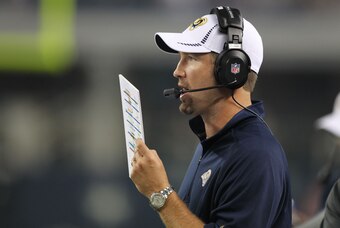 Aug 25, 2012; Arlington, TX, USA; St Louis Rams offensive coordinator Brian Schottenheimer on the sidelines during the game against the Dallas Cowboys at Cowboys Stadium. Mandatory Credit: Matthew Emmons-USA TODAY Sports