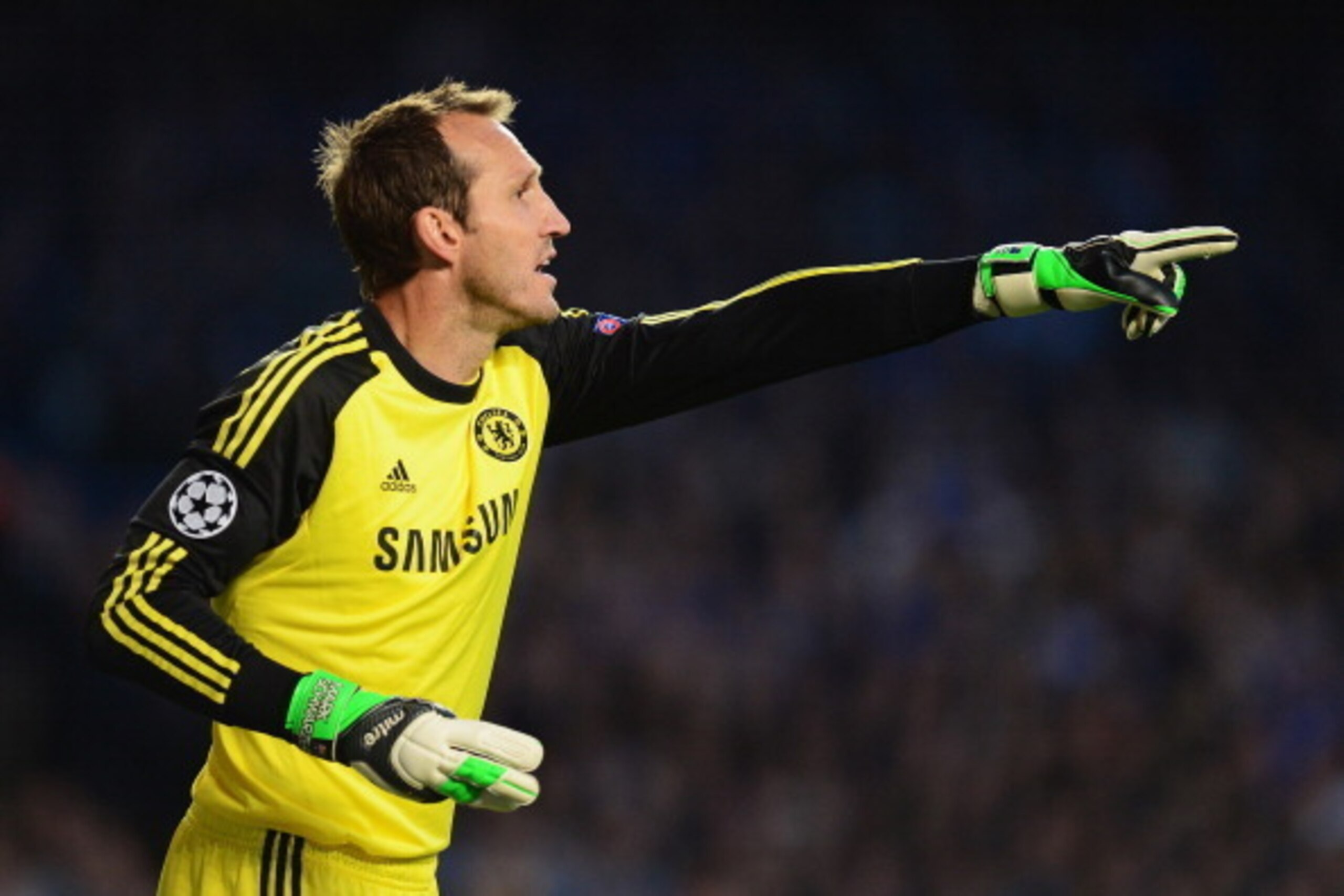 LONDON, ENGLAND - APRIL 30: Mark Schwarzer of Chelsea gives instructions during the UEFA Champions League semi-final second leg match between Chelsea and Club Atletico de Madrid at Stamford Bridge on April 30, 2014 in London, England.  (Photo by Jamie McD