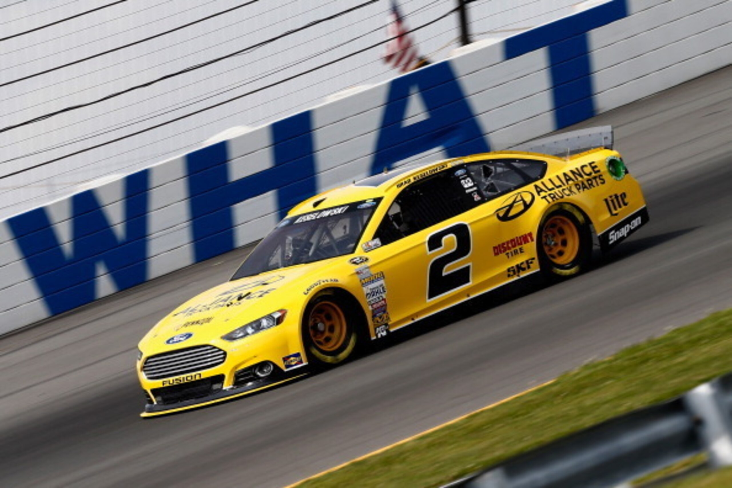 LONG POND, PA - AUGUST 01:  Brad Keselowski, driver of the #2 Alliance Truck Parts Ford, drives during practice for the NASCAR Sprint Cup Series GoBowling.com 400 at Pocono Raceway on August 1, 2014 in Long Pond, Pennsylvania.  (Photo by Jeff Zelevansky/G
