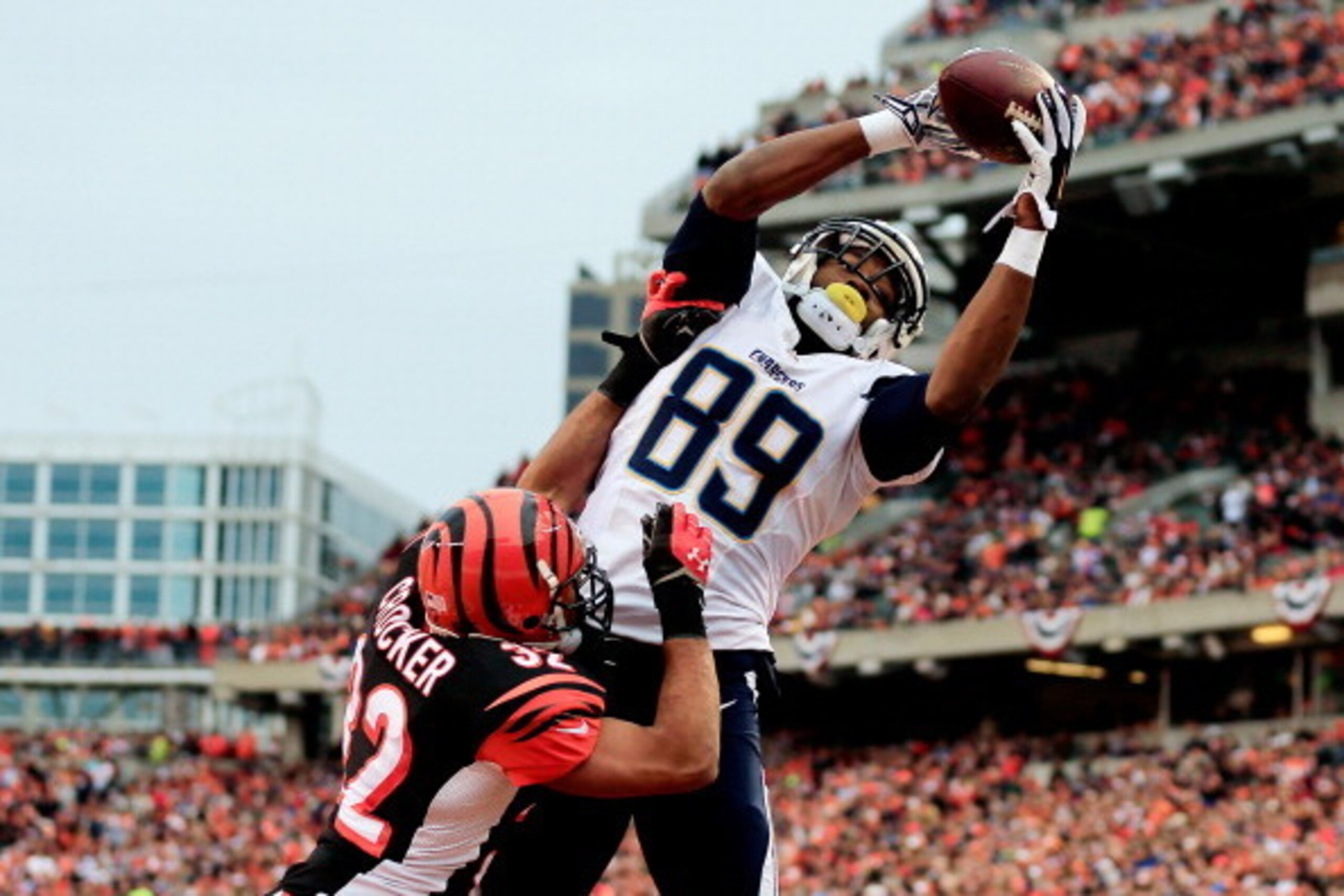 CINCINNATI, OH - JANUARY 05: Tight end Ladarius Green #89 of the San Diego Chargers catches a touchdown in the third quarter as defensive back Chris Crocker #32 of the Cincinnati Bengals defends during a Wild Card Playoff game at Paul Brown Stadium on Jan CINCINNATI, OH - JANUARY 05: Tight end Ladarius Green #89 of the San Diego Chargers catches a touchdown in the third quarter as defensive back Chris Crocker #32 of the Cincinnati Bengals defends during a Wild Card Playoff game at Paul Brown Stadium on Jan