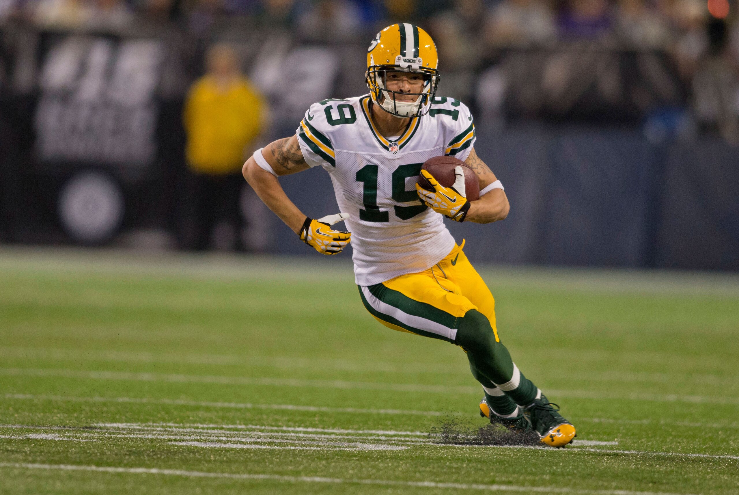 Oct 27, 2013; Minneapolis, MN, USA; Green Bay Packers wide receiver Myles White (19) catches a pass against the Minnesota Vikings in the third quarter at Mall of America Field at H.H.H. Metrodome. The Packers win 44-31. Mandatory Credit: Bruce Kluckhohn-U