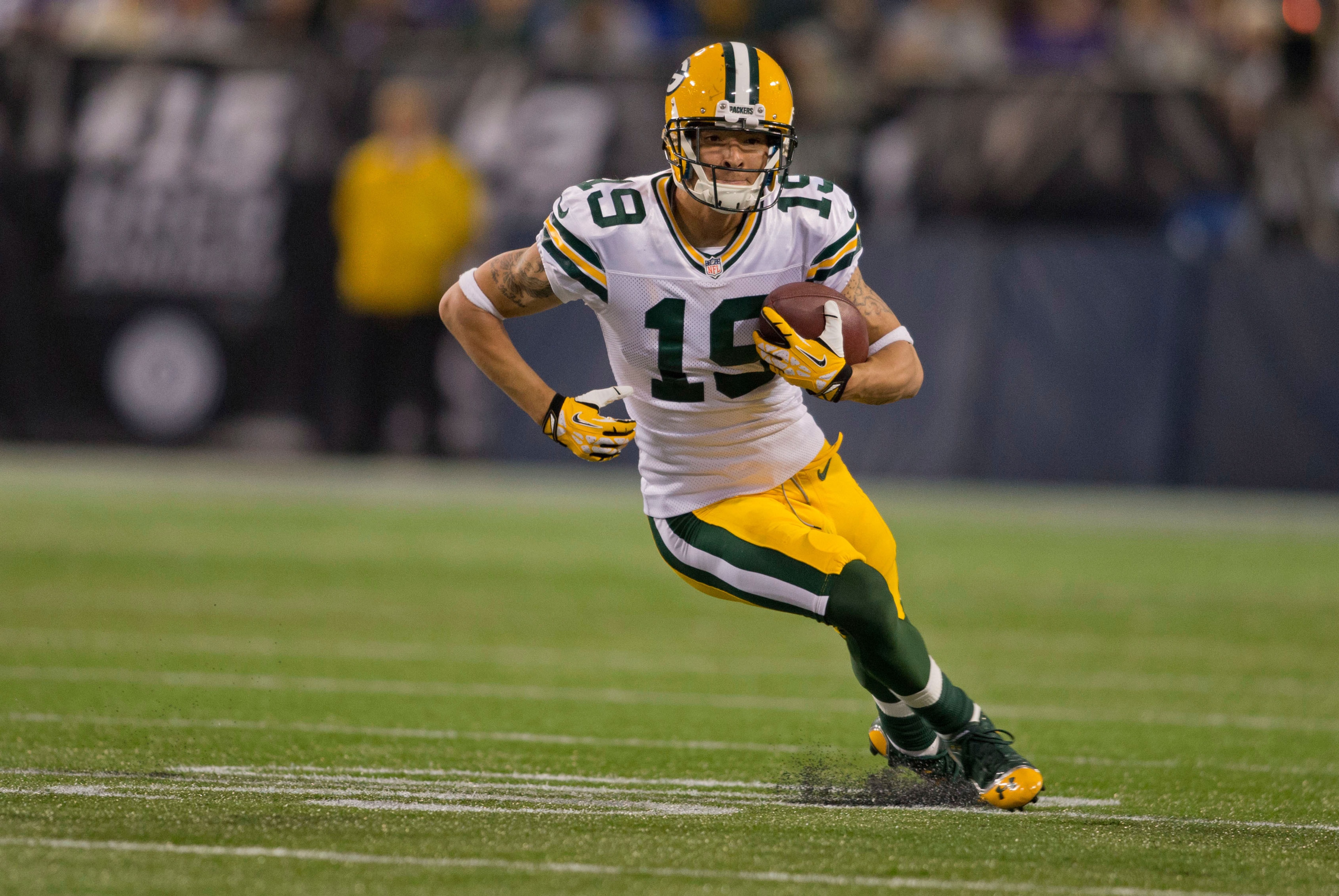 Oct 27, 2013; Minneapolis, MN, USA; Green Bay Packers wide receiver Myles White (19) catches a pass against the Minnesota Vikings in the third quarter at Mall of America Field at H.H.H. Metrodome. The Packers win 44-31. Mandatory Credit: Bruce Kluckhohn-U