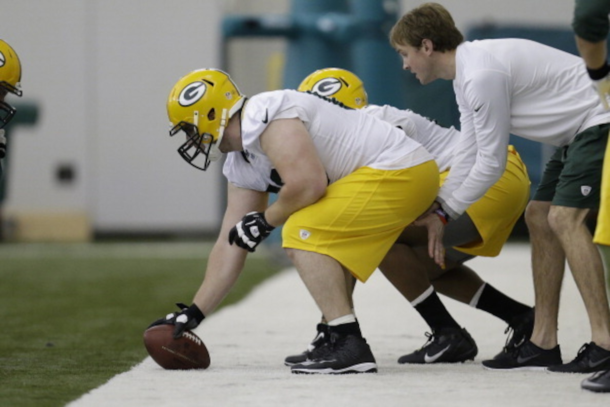 GREEN BAY, WI - MAY 16: Corey Linsley #63 of the Green Bay Packers runs through some drills during rookie minicamp at Don Hudson Center on May 16, 2014 in Green Bay, Wisconsin. (Photo by Mike McGinnis/Getty Images)