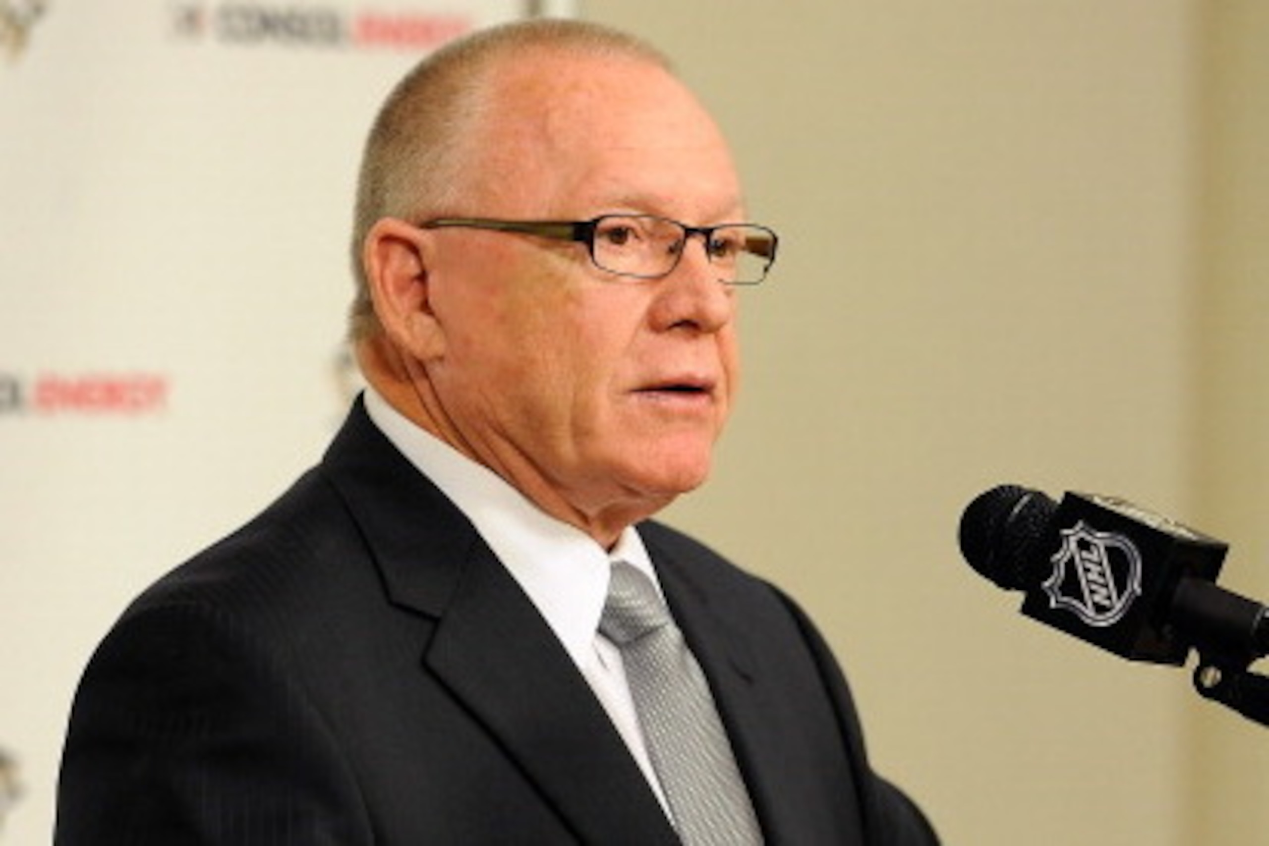PITTSBURGH, PA - JUNE 25:  Pittsburgh Penguins Executive Vice President and General Manager Jim Rutherford speaks with the media during a press conference to introduce new Head Coach Mike Johnston on June 25, 2014 at Consol Energy Center in Pittsburgh, Pe