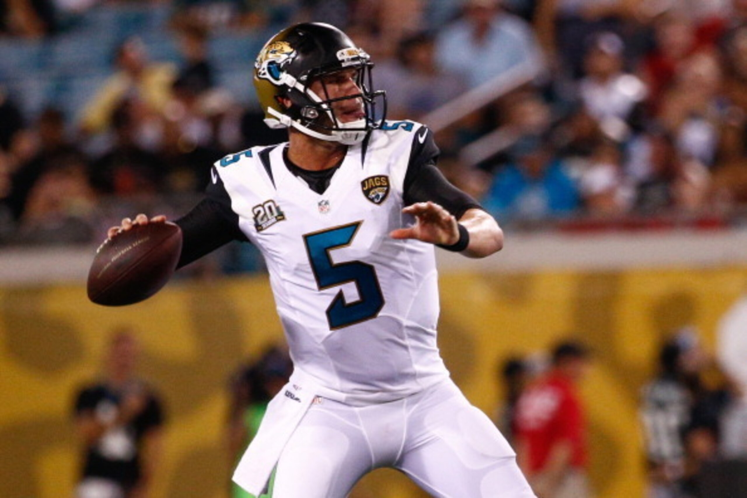 JACKSONVILLE, FL - AUGUST 08: Blake Bortles #5 of the Jacksonville Jaguars sets to throw during the first half of the preseason game against the Tampa Bay Buccaneers at Everbank Field on August 8, 2014 in Jacksonville, Florida.  (Photo by Rob Foldy/Getty 