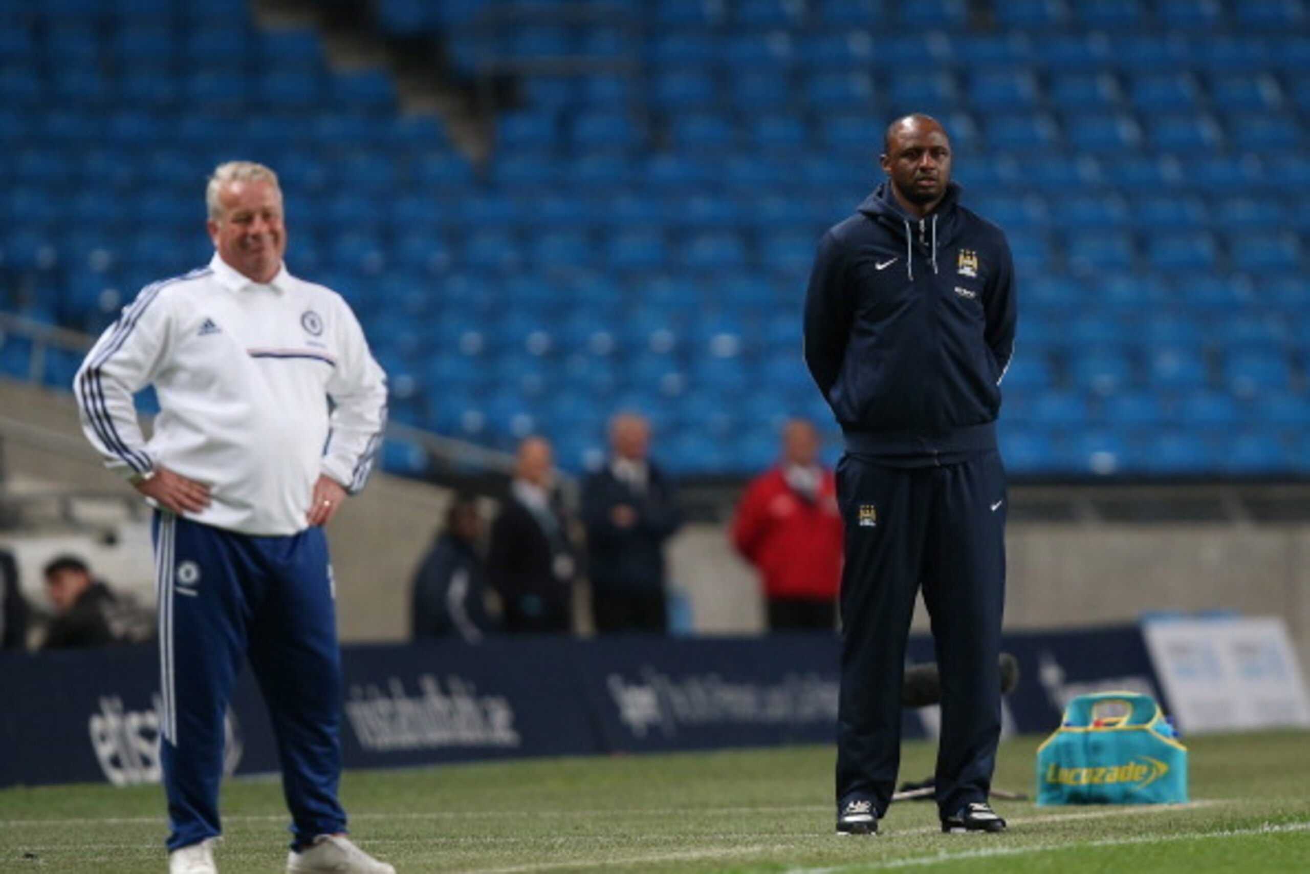 MANCHESTER, ENGLAND - MAY 01:  Manager of Manchester City U21 Patrick Vieira and Manager of Chelsea FC U21 Dermot Drummy look on during the Barclays U21 Premier League match between Manchester City U21 and Chelsea U21 at Etihad Stadium on May 1, 2014 in M