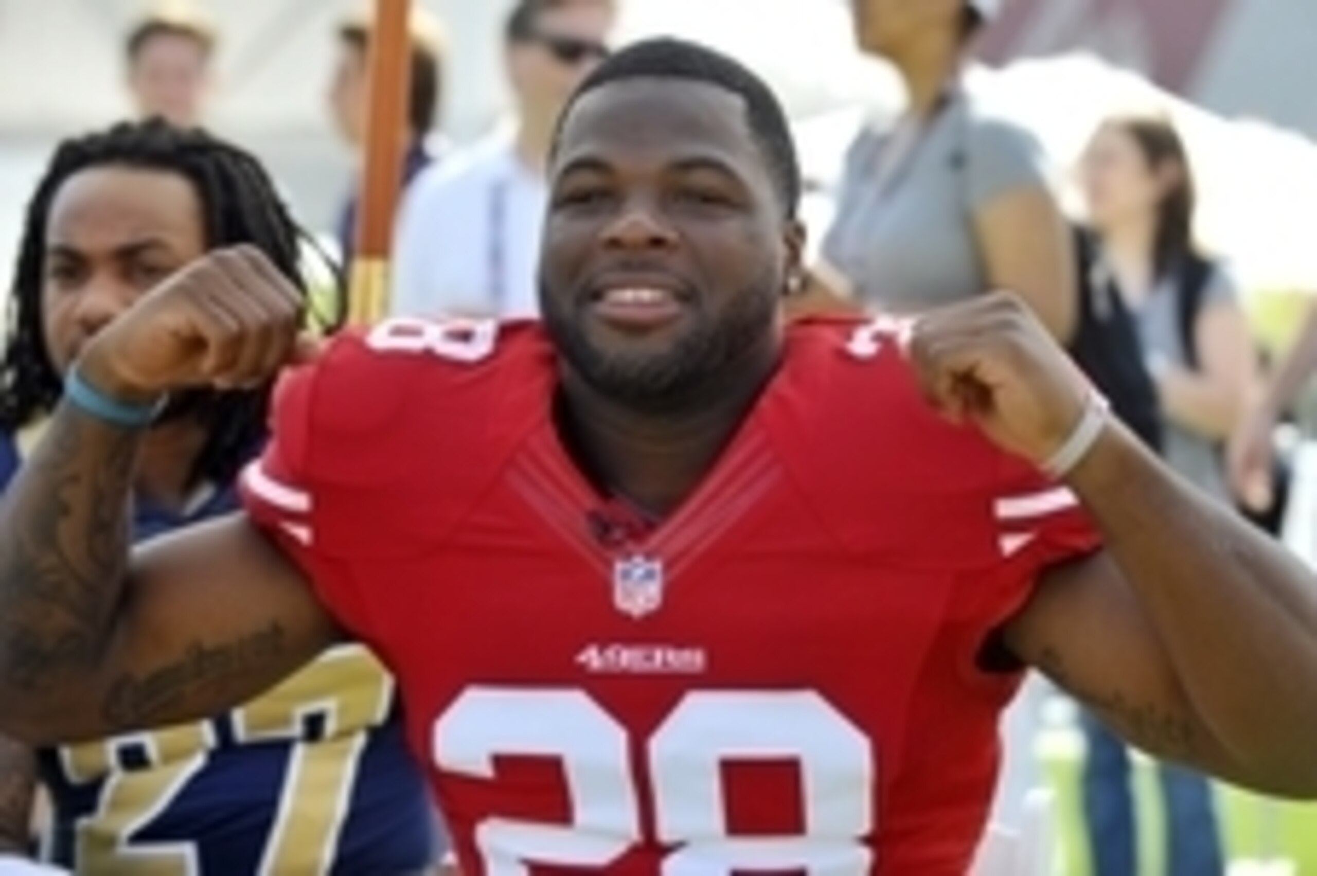 May 31, 2014; Los Angeles, CA, USA; San Francisco 49ers running back Carlos Hyde during the 2014 NFLPA Rookie Premiere at the Los Angeles Memorial Coliseum. Mandatory Credit: Gary A. Vasquez-USA TODAY Sports