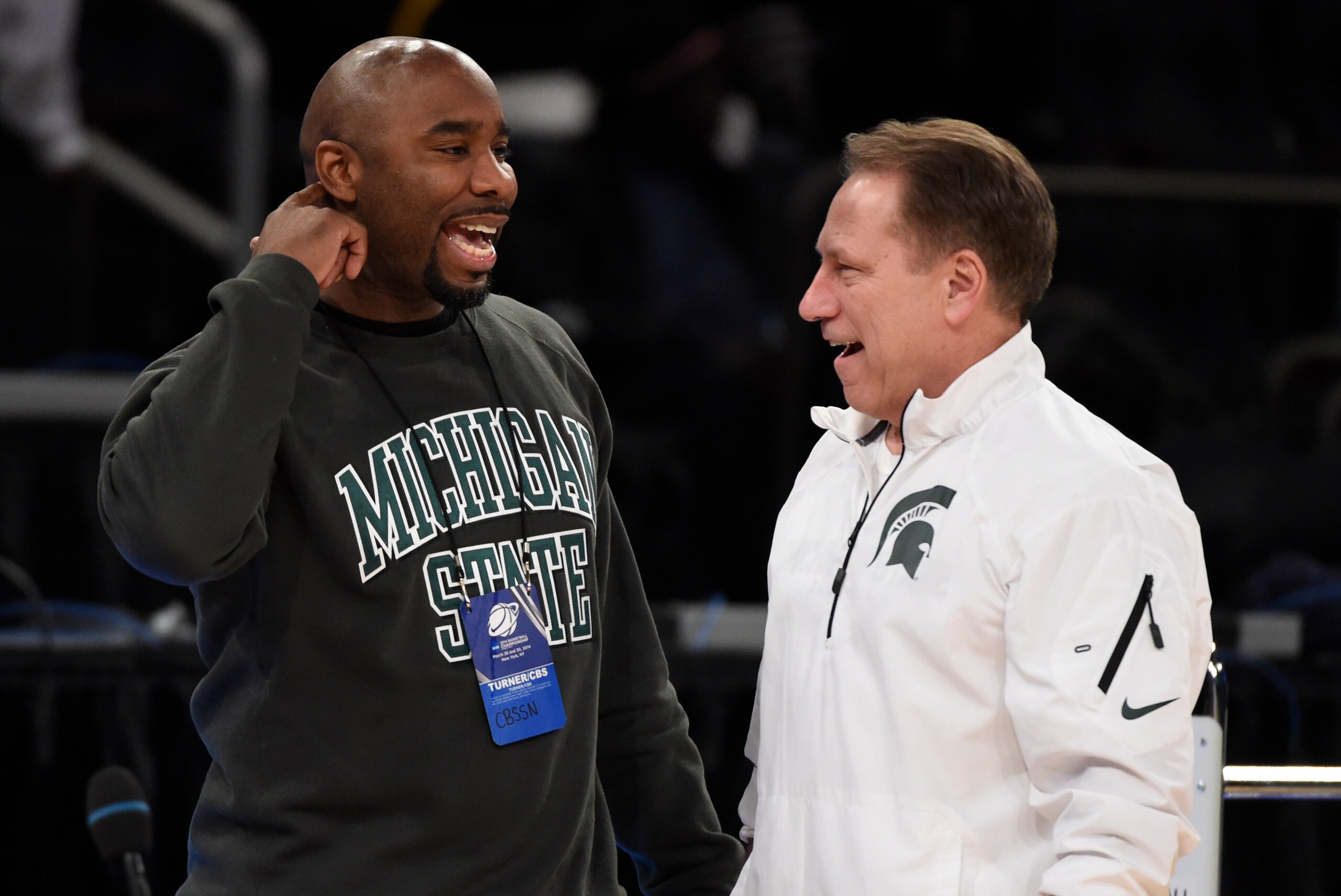 Mar 27, 2014; New York, NY, USA; Michigan State Spartans former player Mateen Cleaves talks with Michigan State Spartans head coach Tom Izzo during practice for the east regional of the 2014 NCAA Tournament at Madison Square Garden. Mandatory Credit: Robe