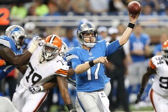 DETROIT, MI - AUGUST 09:  Corey Fuller #10 of the Detroit Lions drops back to pass during the fourth quarter of the preseason game against the Cleveland Browns at Ford Field on August 9, 2014 in Detroit, Michigan. The Lions defeated the Browns 13-12.  (Ph