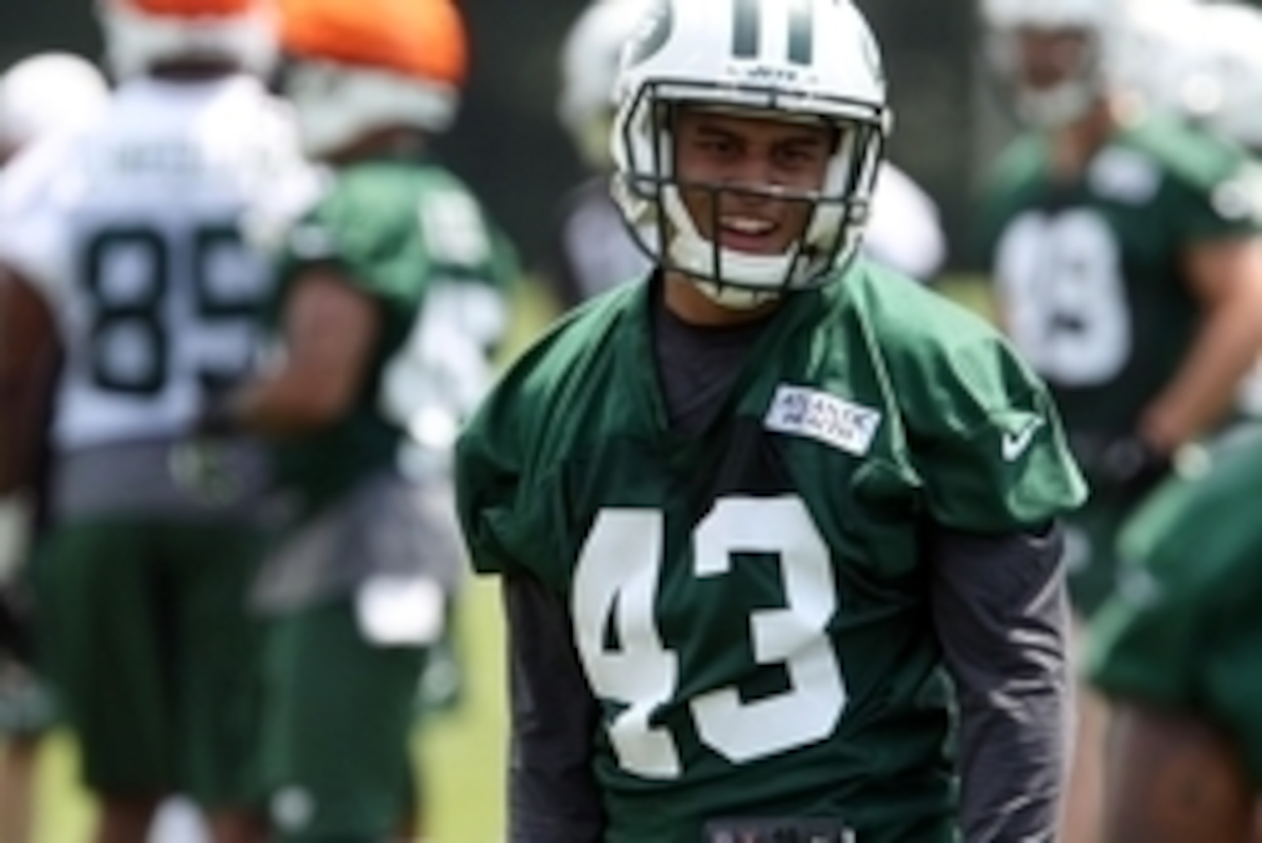 Jun 17, 2014; Florham Parl, NJ, USA;  New York Jets cornerback Dexter McDougle (43) during minicamp at Atlantic Health Training Center. Mandatory Credit: Noah K. Murray-USA TODAY Sports