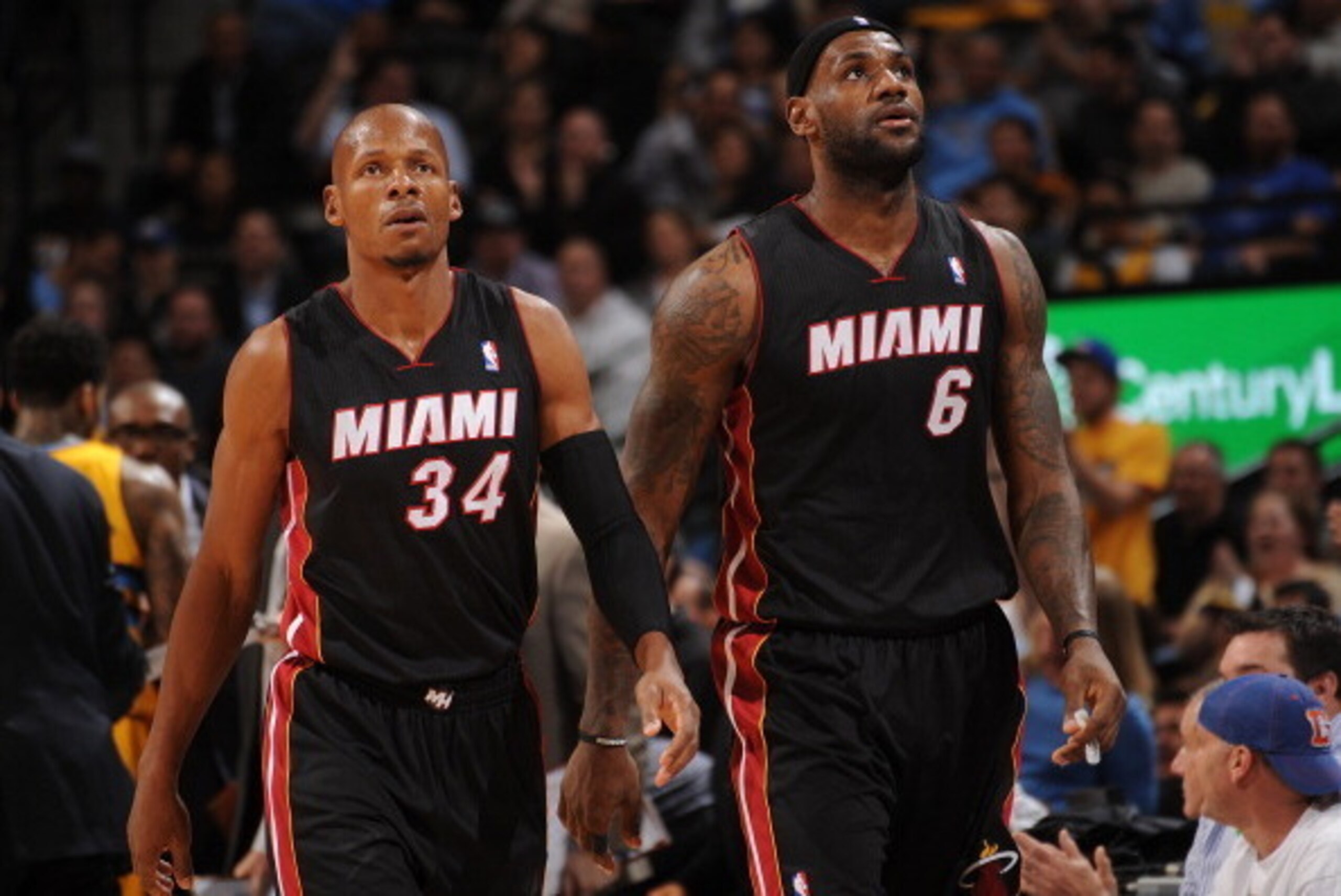 DENVER, CO - DECEMBER 30: Ray Allen #34 and LeBron James #6 of the Miami Heat look on against the Denver Nuggets on December 30, 2013 at the Pepsi Center in Denver, Colorado. NOTE TO USER: User expressly acknowledges and agrees that, by downloading and/or
