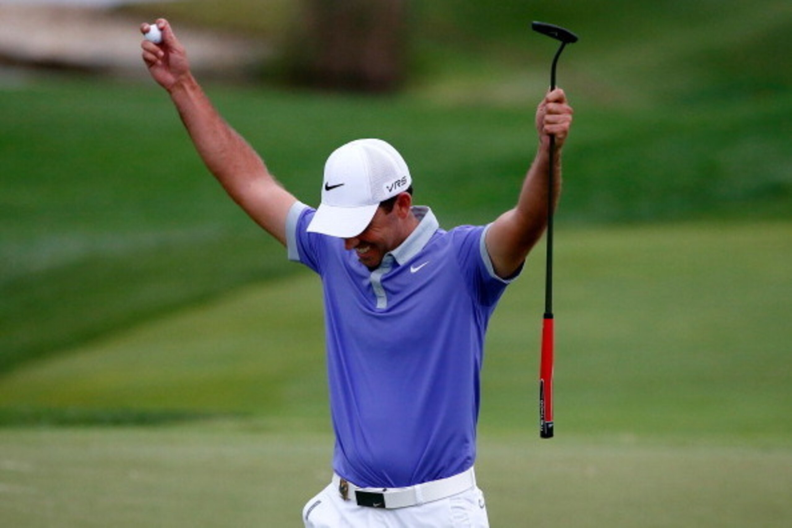LOUISVILLE, KY - AUGUST 08:  Charl Schwartzel of South Africa reacts on the 18th green during the second round of the 96th PGA Championship at Valhalla Golf Club on August 8, 2014 in Louisville, Kentucky.  (Photo by Sam Greenwood/Getty Images)