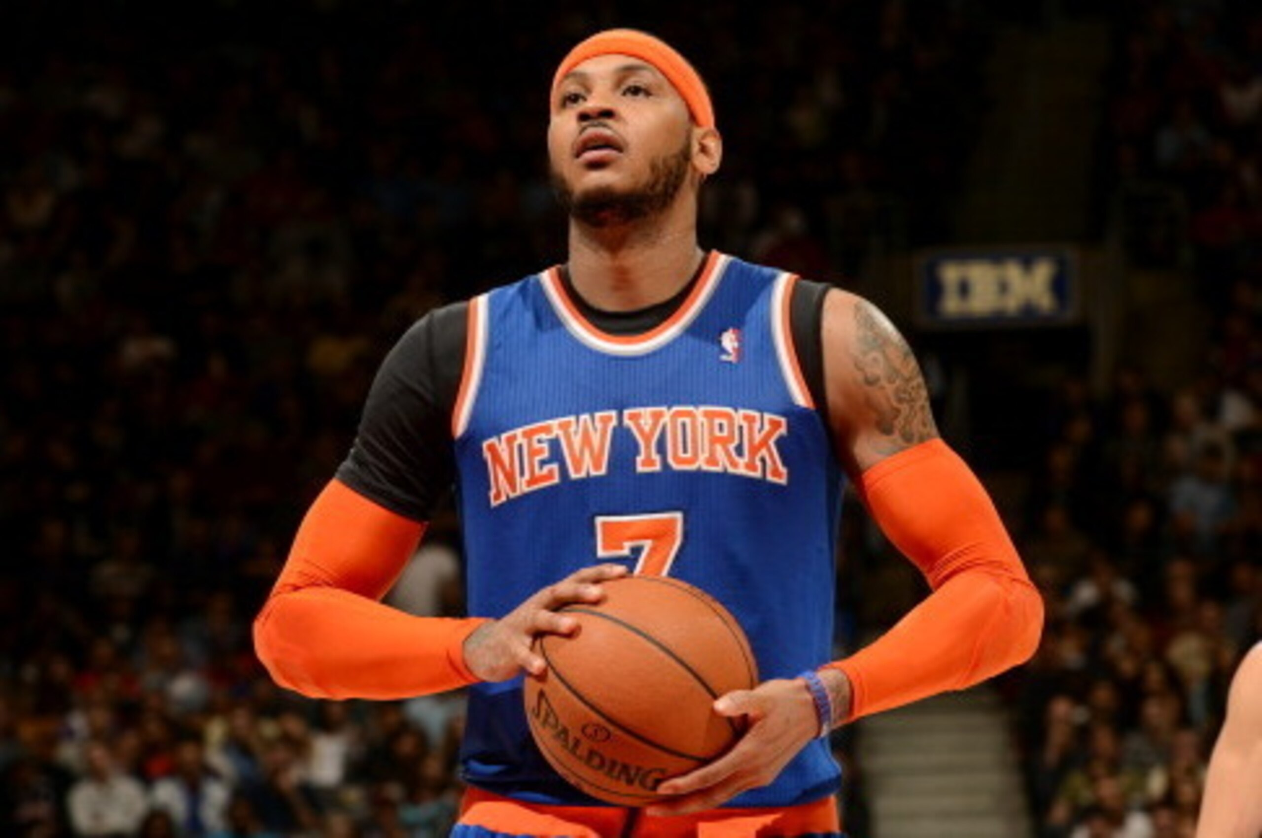 TORONTO, CANADA - April 11: Carmelo Anthony #7 of the New York Knicks attempts a free throw against the Toronto Raptors on April 11, 2014 at the Air Canada Centre in Toronto, Ontario, Canada. NOTE TO USER: User expressly acknowledges and agrees that, by TORONTO, CANADA - April 11: Carmelo Anthony #7 of the New York Knicks attempts a free throw against the Toronto Raptors on April 11, 2014 at the Air Canada Centre in Toronto, Ontario, Canada. NOTE TO USER: User expressly acknowledges and agrees that, by