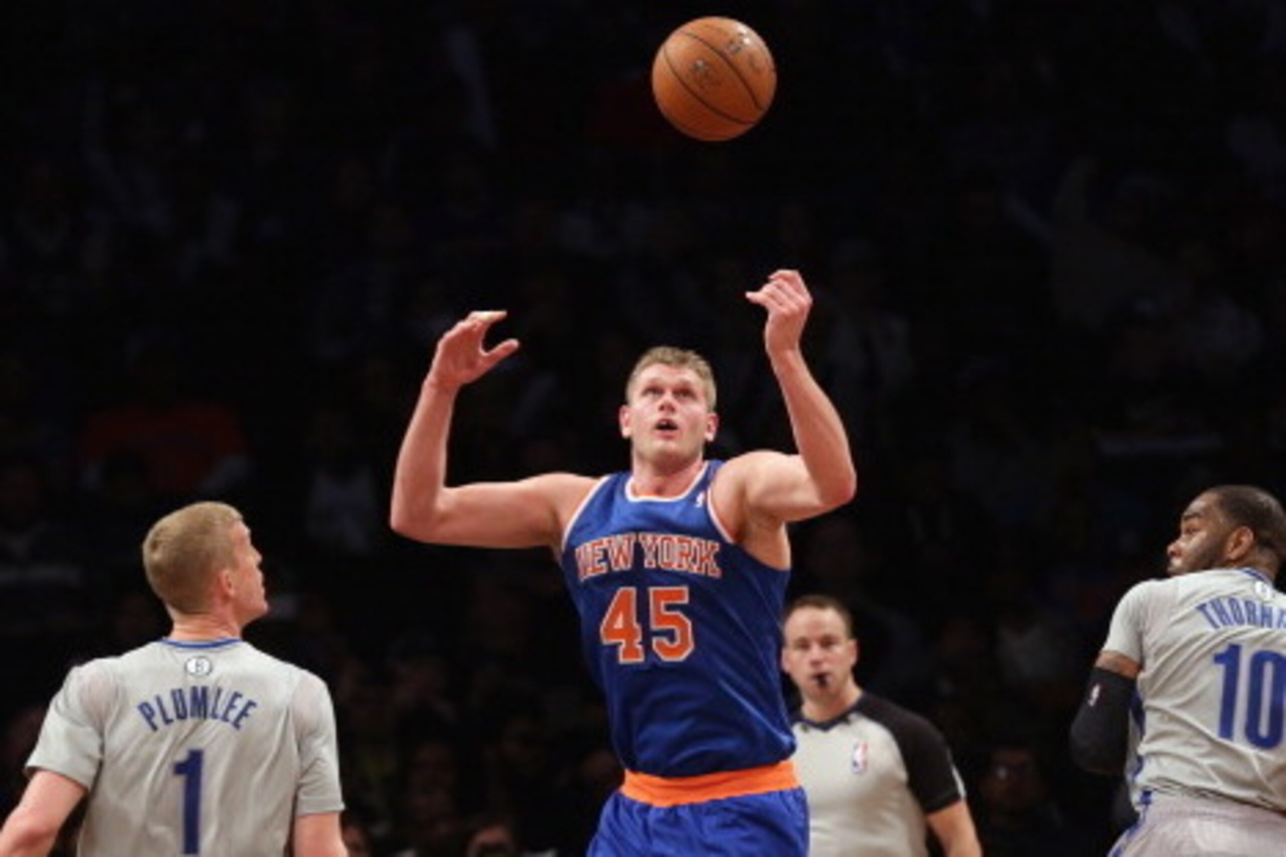 NEW YORK, NY - APRIL 15: Cole Aldrich #45 of the New York Knicks plays against the Brooklyn Nets at the Barclays Center on April 15, 2014 in the Brooklyn borough of New York City. NOTE TO USER: User expressly acknowledges and agrees that, by downloading NEW YORK, NY - APRIL 15: Cole Aldrich #45 of the New York Knicks plays against the Brooklyn Nets at the Barclays Center on April 15, 2014 in the Brooklyn borough of New York City. NOTE TO USER: User expressly acknowledges and agrees that, by downloading