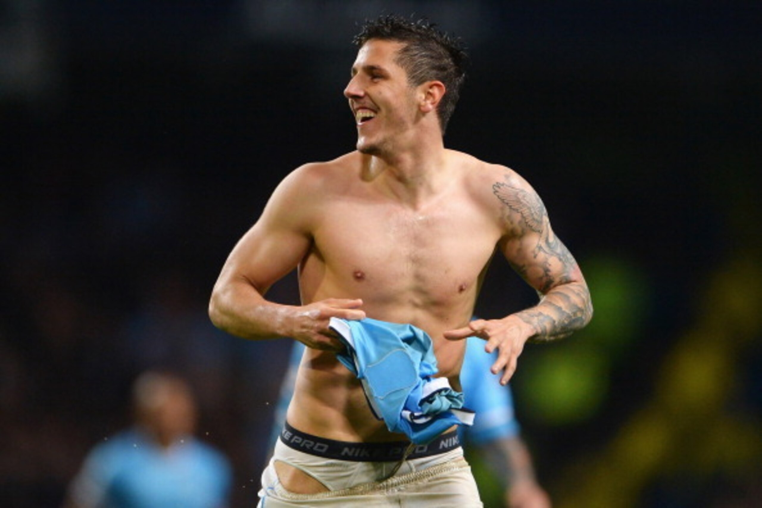 MANCHESTER, ENGLAND - MAY 07:  Stevan Jovetic of Manchester City celebrates scoring his team's third goal during the Barclays Premier League match between Manchester City and Aston Villa at Etihad Stadium on May 7, 2014 in Manchester, England.  (Photo by 