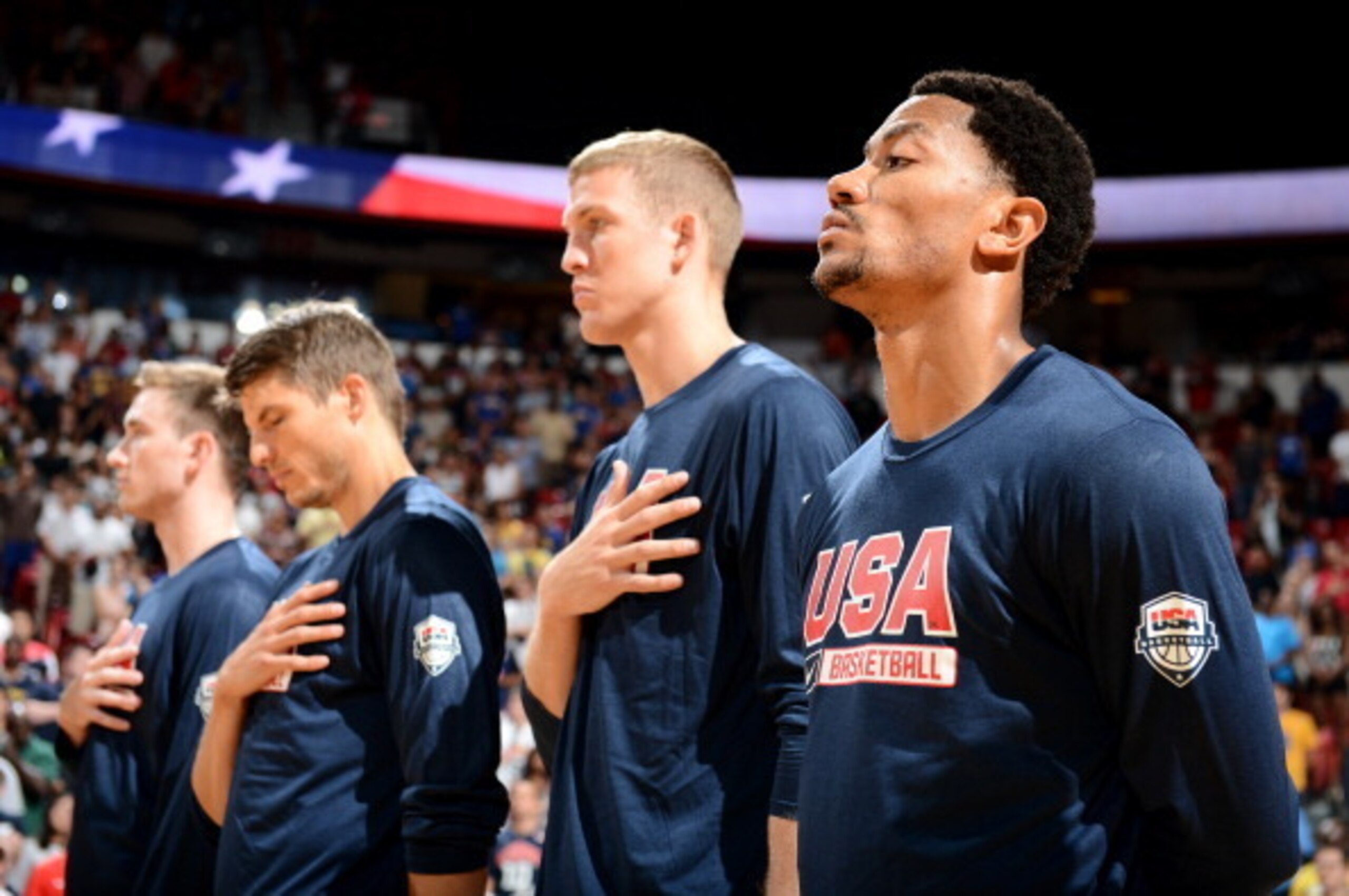 LAS VEGAS, NV - AUGUST 1: Derrick Rose #41 looks on prior to the game where the USA Basketball team scrimmage on August 1, 2014 at the Thomas & Mack Center in Las Vegas, Nevada. NOTE TO USER: User expressly acknowledges and agrees that, by downloading and