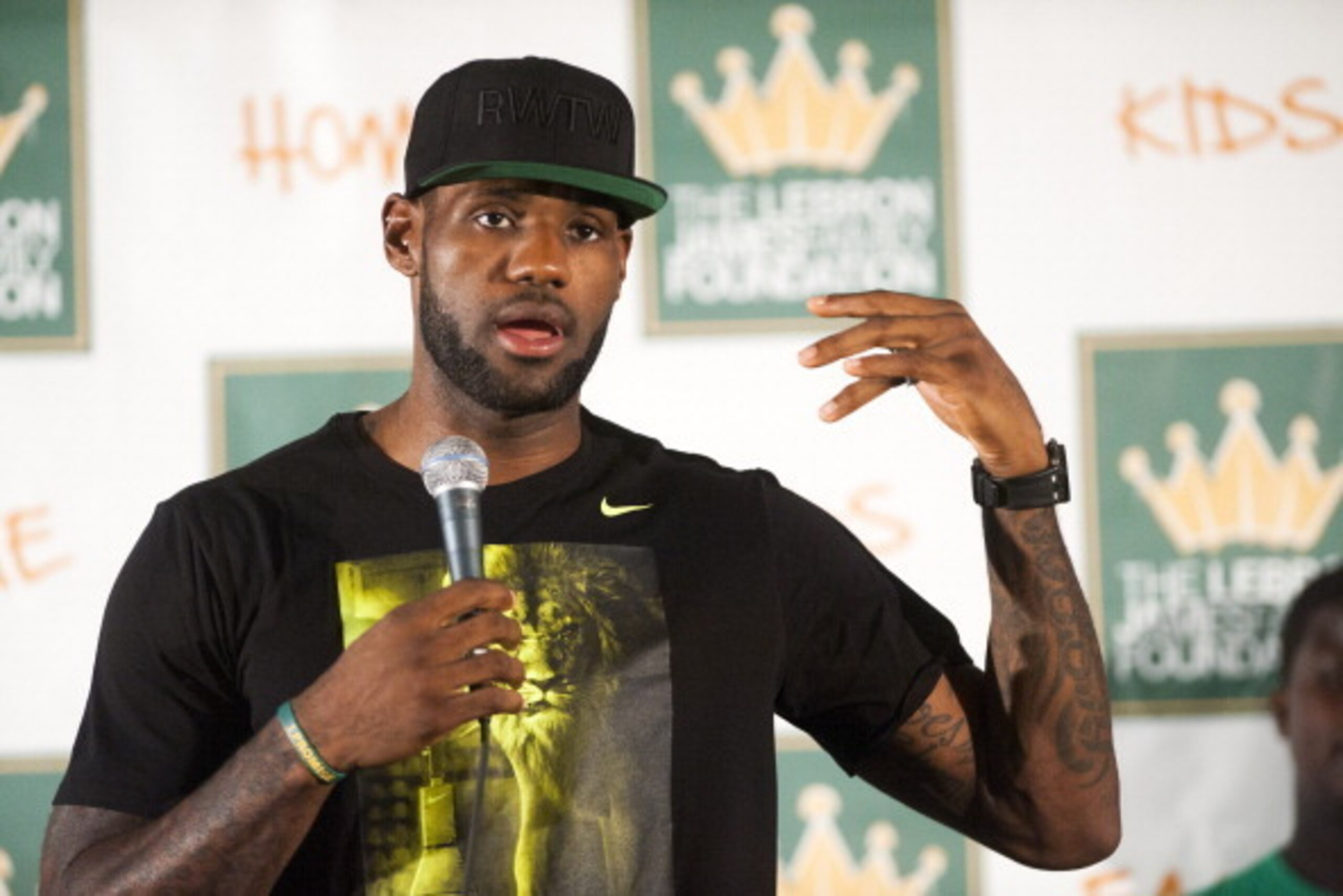AKRON, OH - AUGUST 08: LeBron James speaks during a press conference at The University of Akron before the kickoff of his welcome ceremony at InfoCison Stadium at The University of Akron on August 8, 2014 in Akron, Ohio. (Photo by Ty Wright/Getty Images)