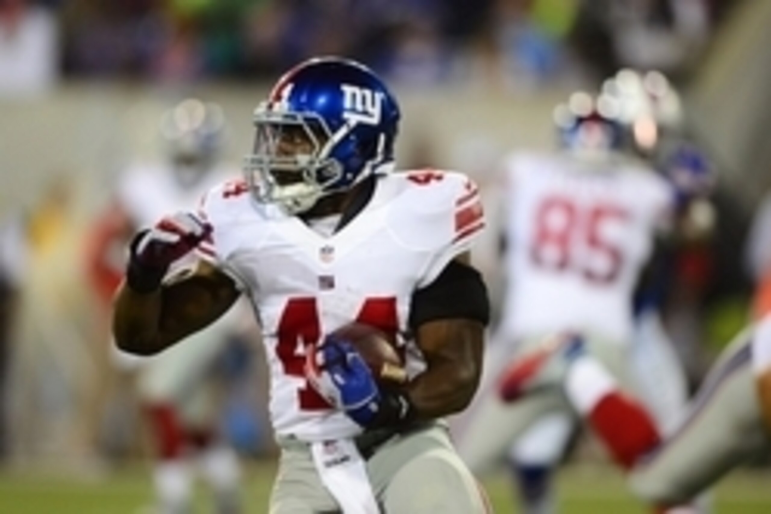 Aug 3, 2014; Canton, OH, USA; New York Giants running back Andre Williams (44) runs the ball during the second quarter of the 2014 Pro Football Hall of Fame game against the New York Giants at Fawcett Stadium. Mandatory Credit: Andrew Weber-USA TODAY Spor
